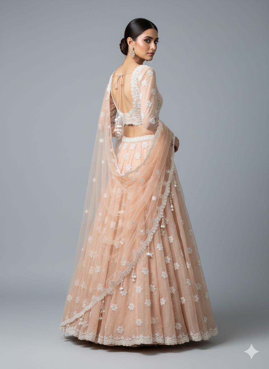 Dusty Pink Organza Pearlwork Heavy Lehenga Set