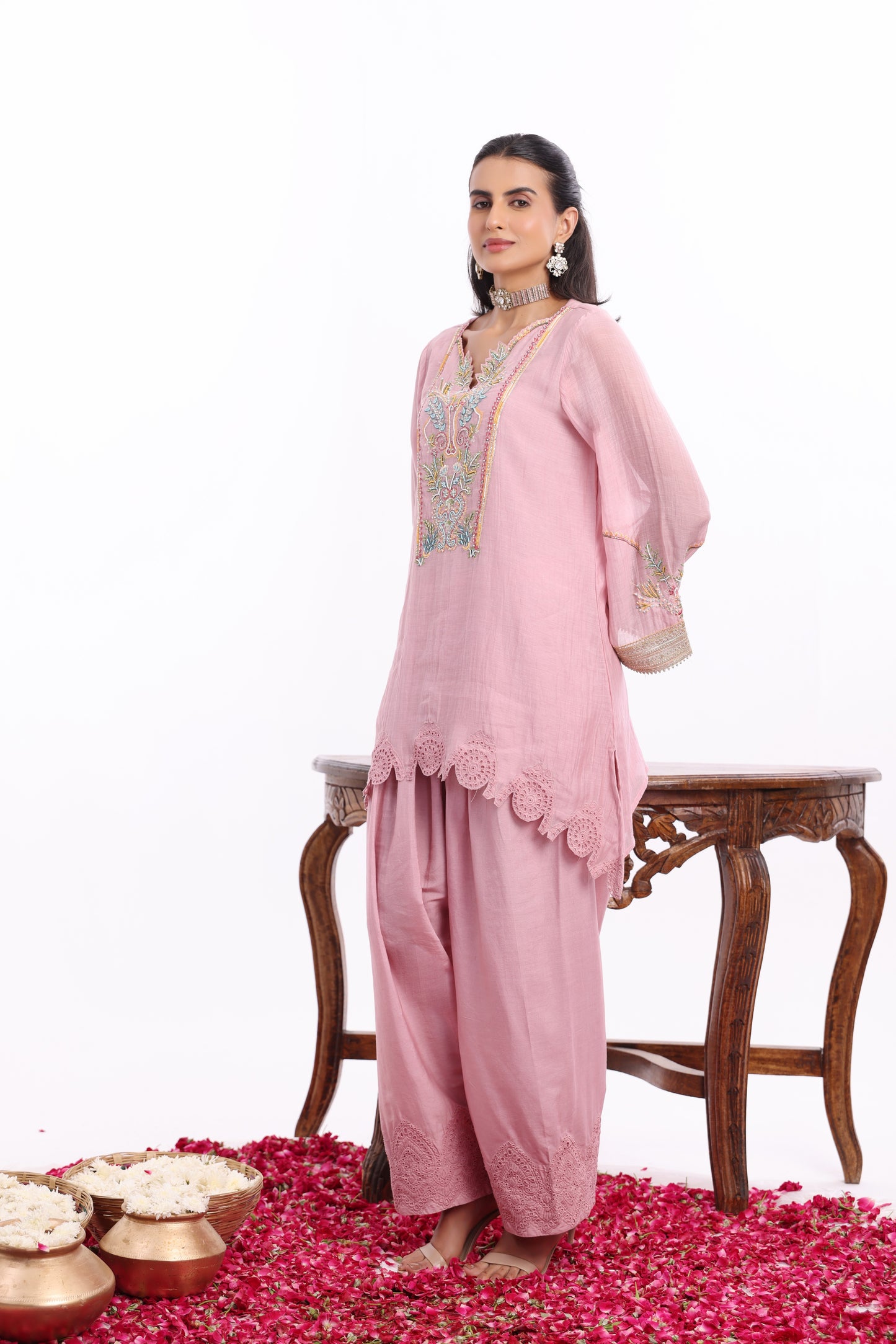 U Cut short length shirt, Potli with Farsi Salwar