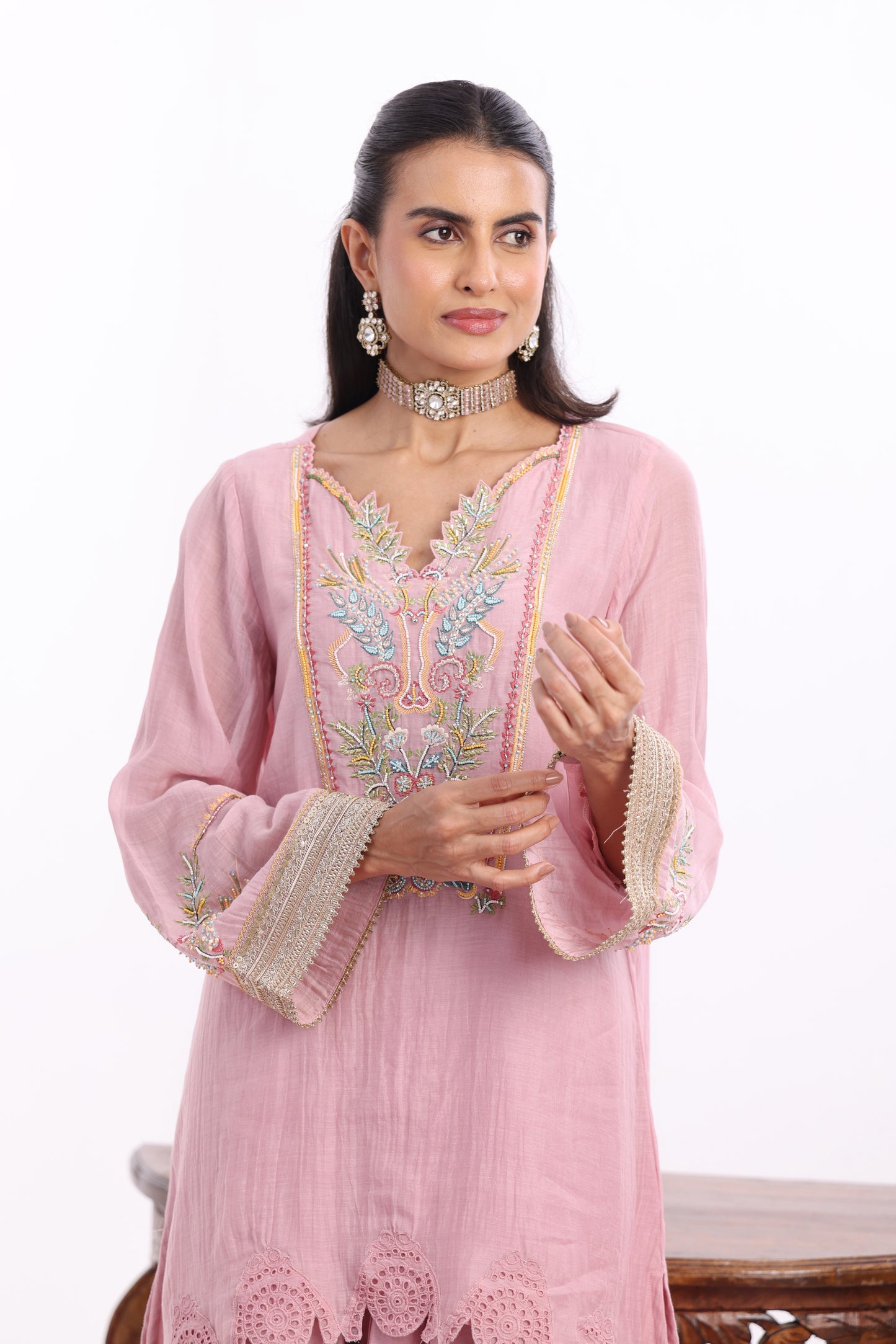 U Cut short length shirt, Potli with Farsi Salwar
