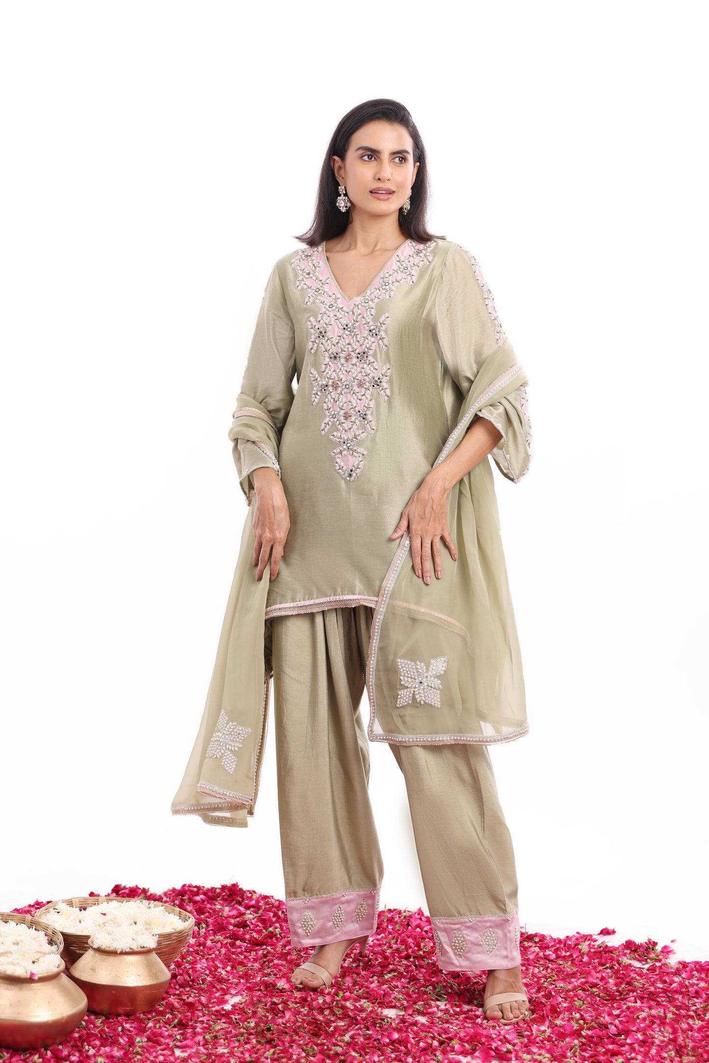 U Cut short length shirt, Dupatta with Farsi salwar