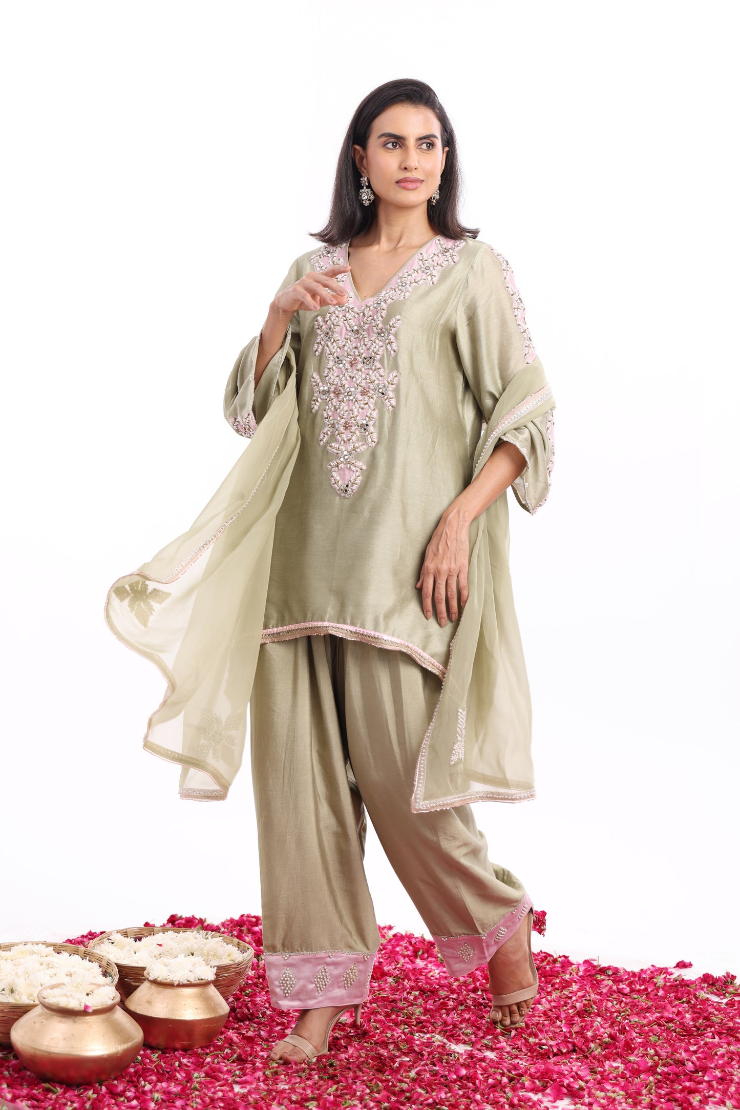 U Cut short length shirt, Dupatta with Farsi salwar
