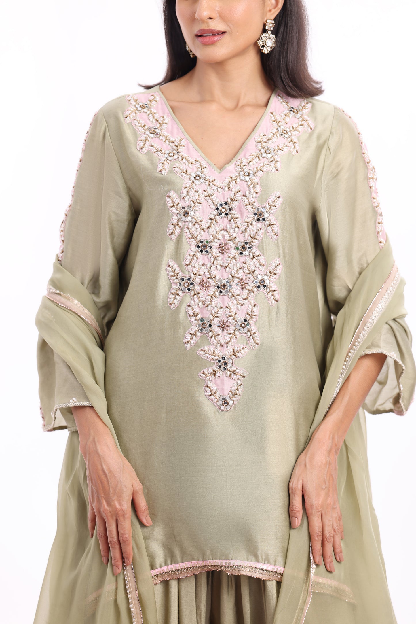U Cut short length shirt, Dupatta with Farsi salwar