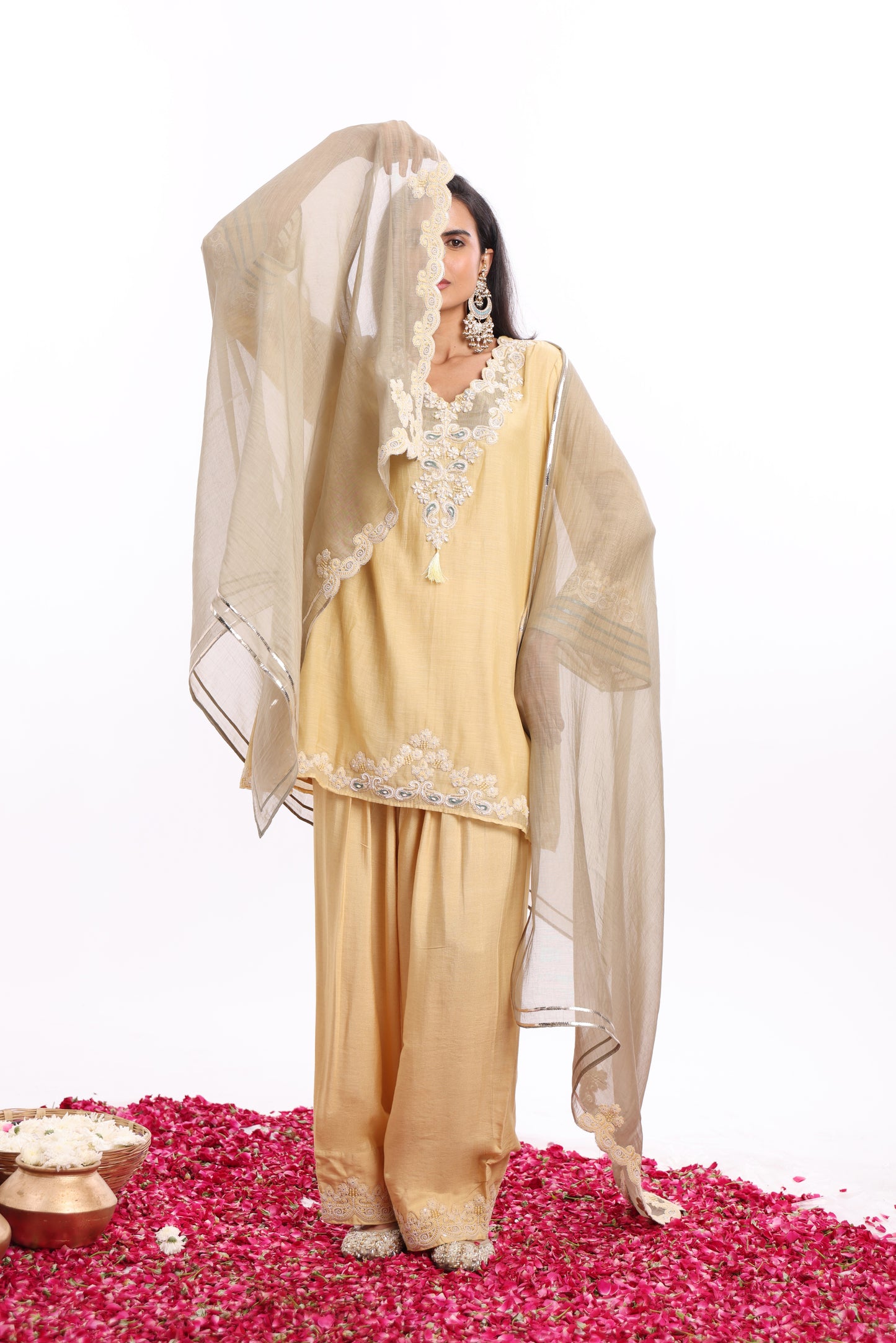 Straight short length shirt, Dupatta with Farsi salwar