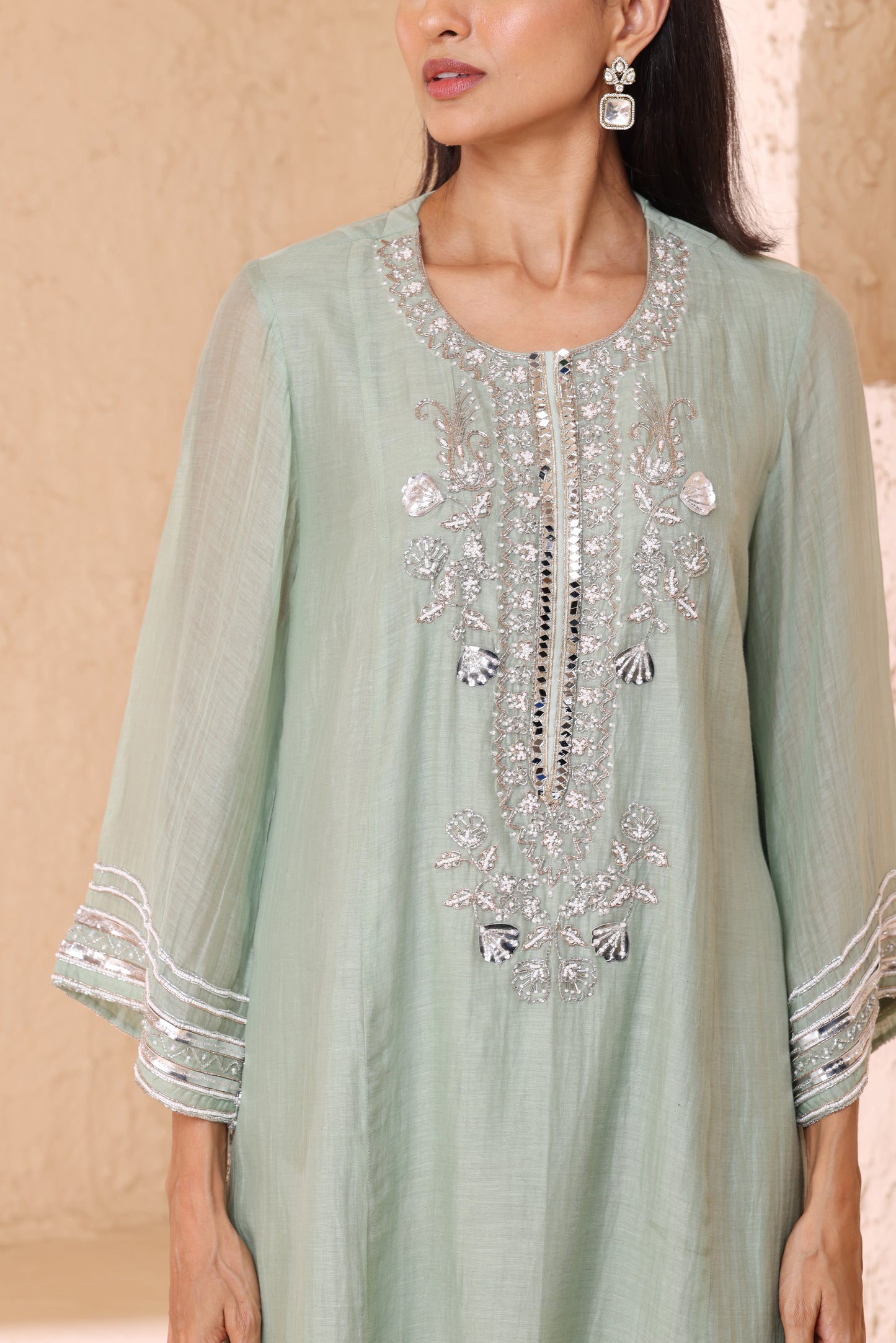 Straight short length shirt, Potli with Farsi salwar