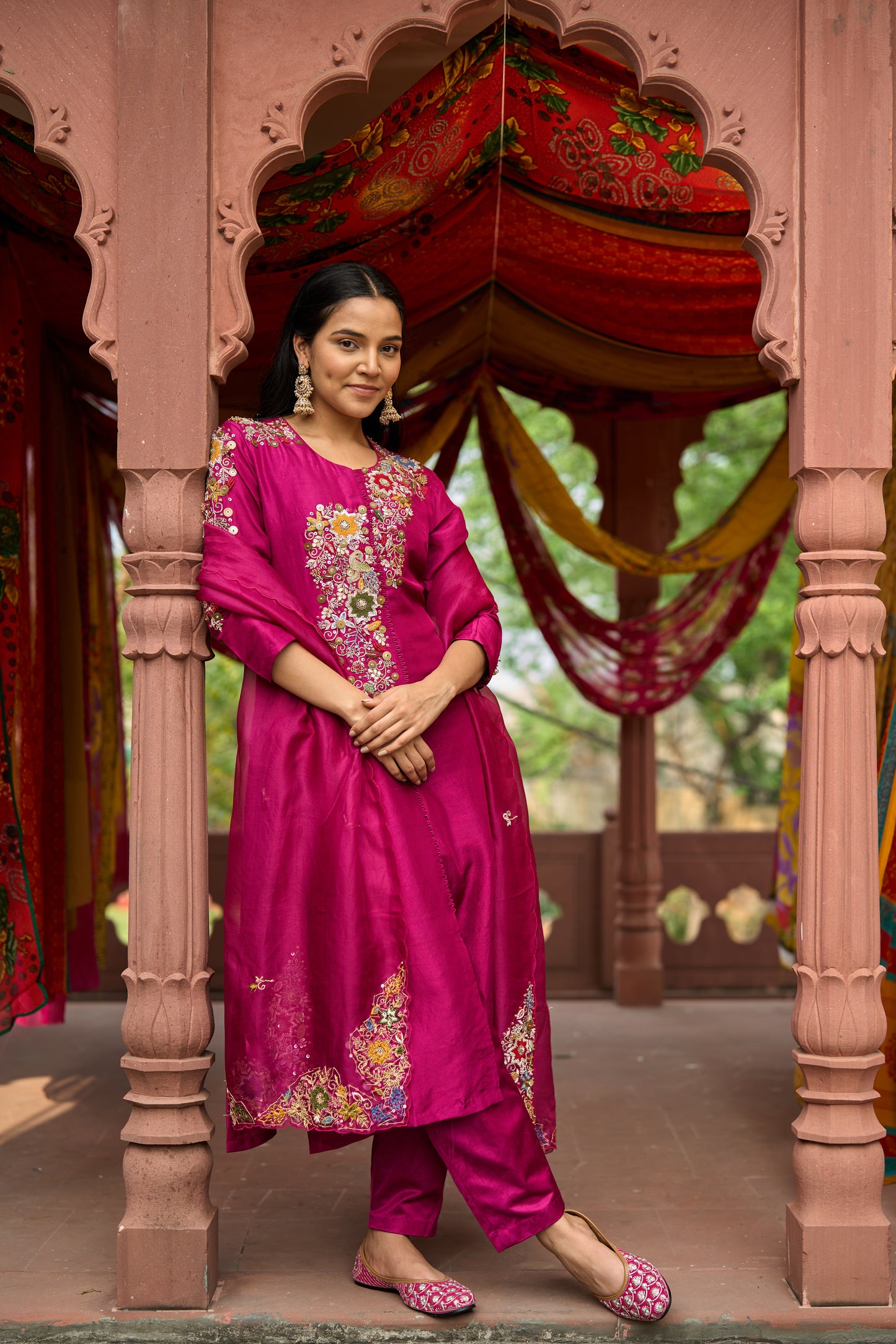 Deep Fuschia Organza Embroidered Kurta Set