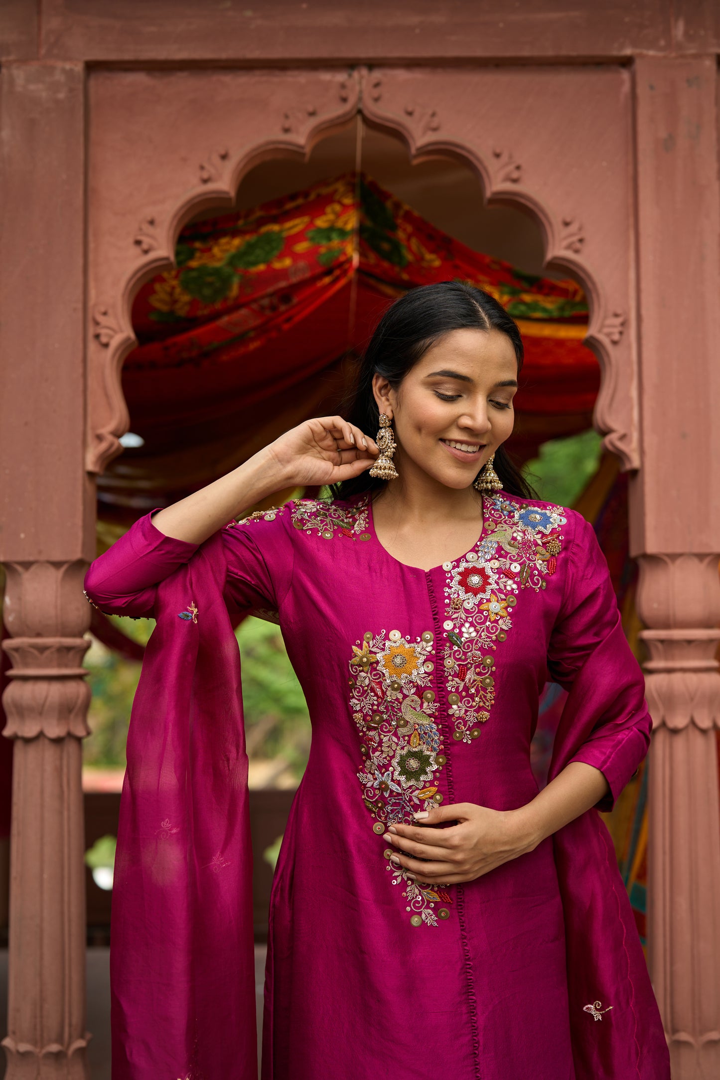 Deep Fuschia Organza Embroidered Kurta Set
