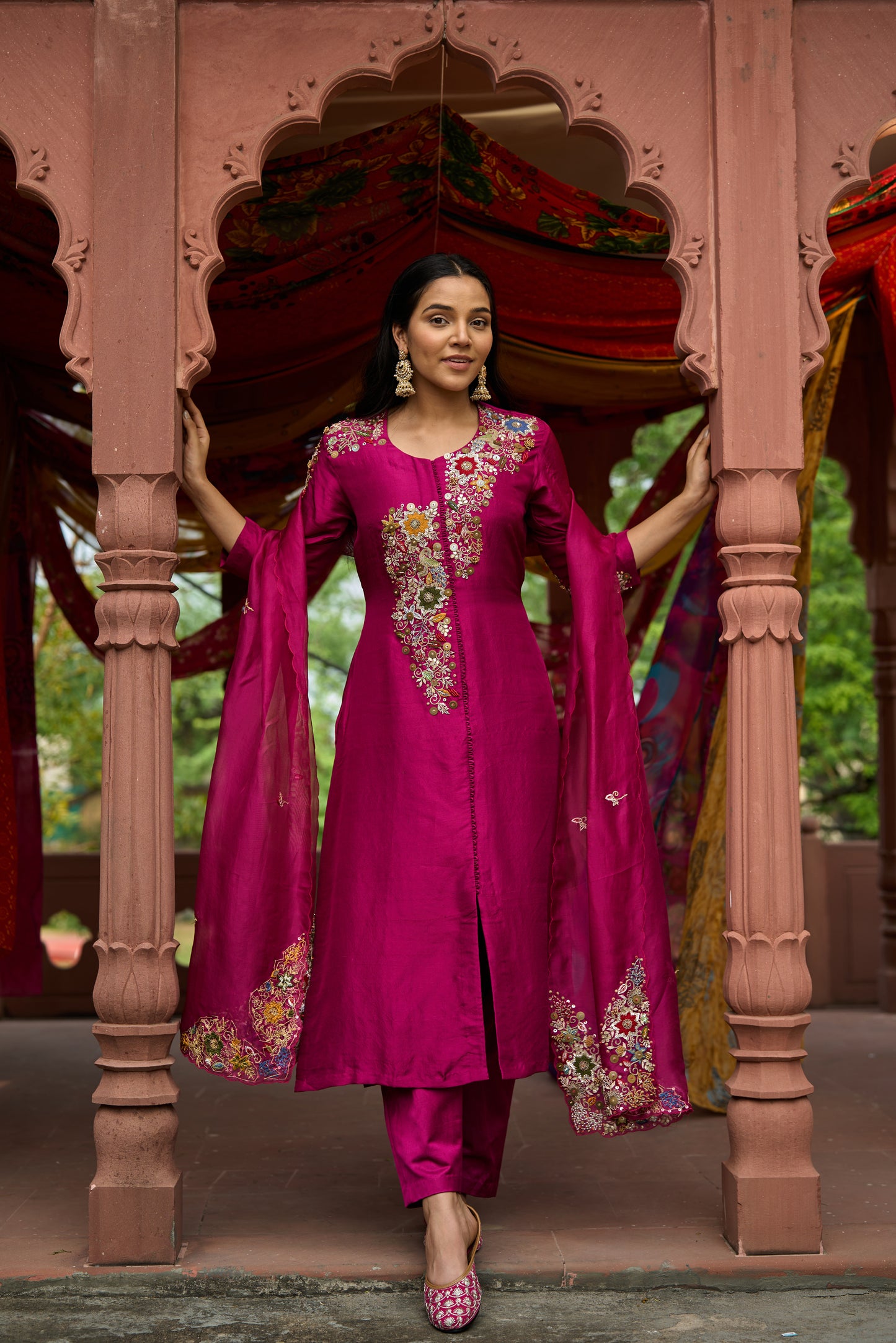 Deep Fuschia Organza Embroidered Kurta Set