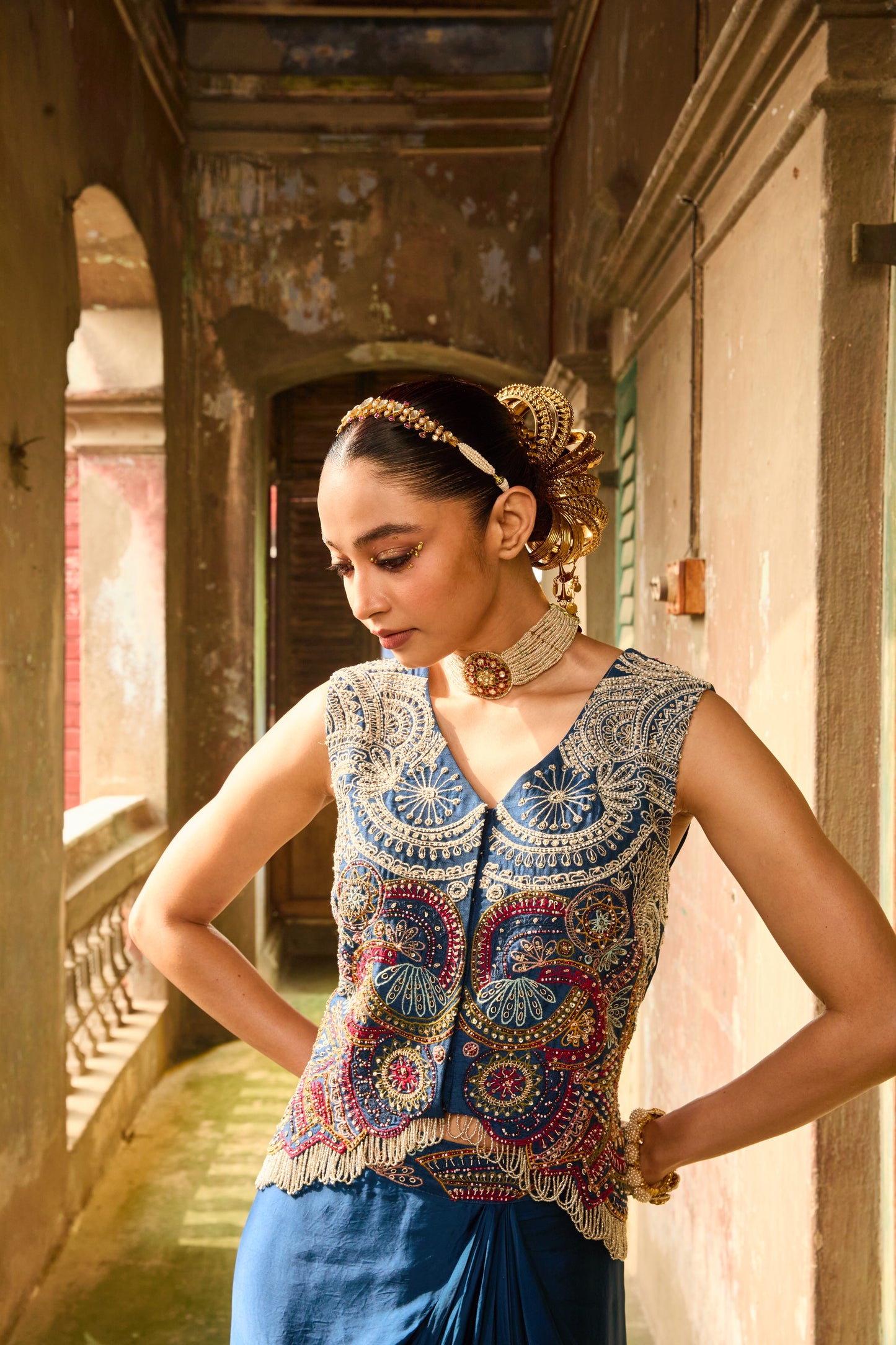 Blue Multicolour Blouse and Draped Skirt Set