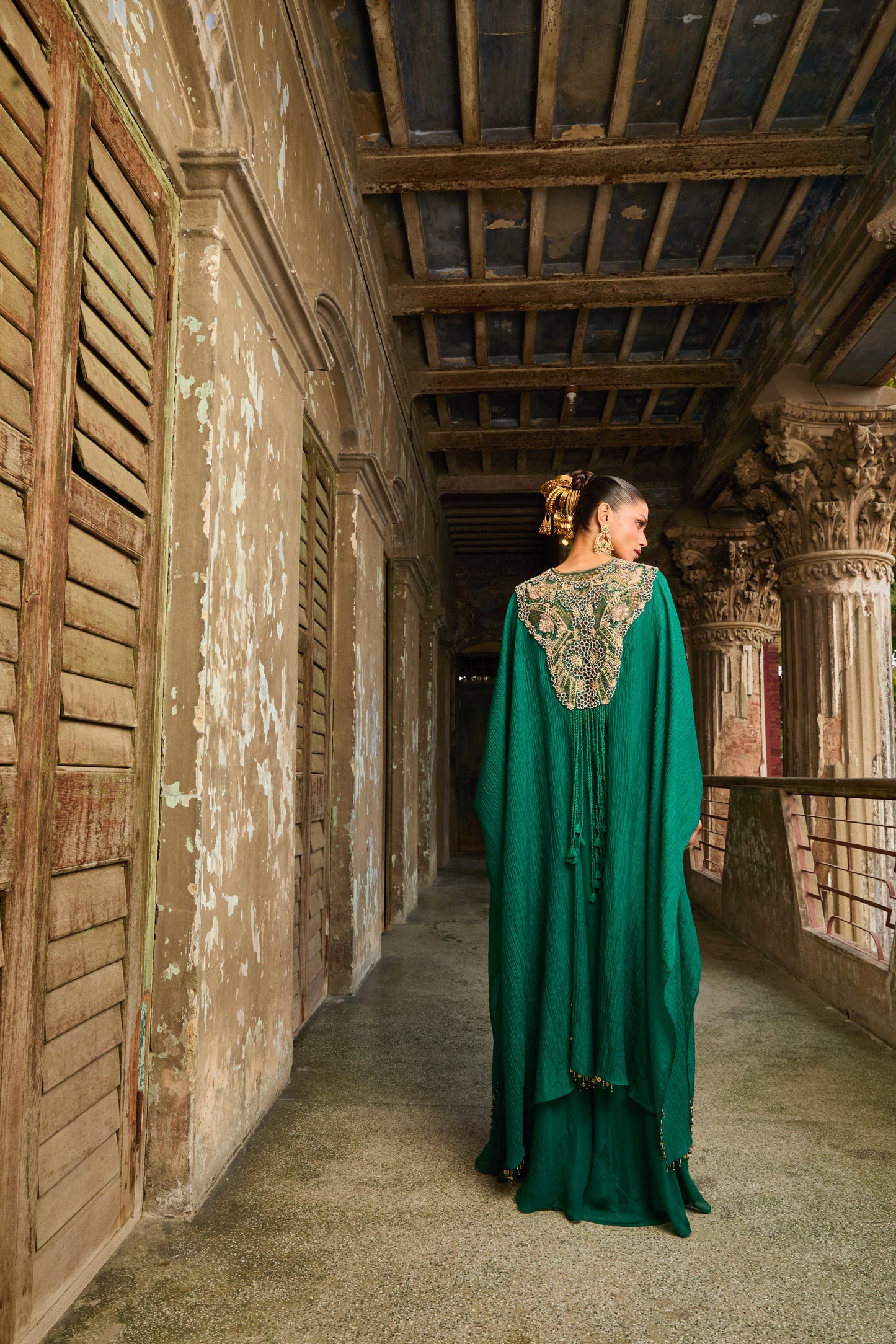 Emerald Green Crinkle Chanderi Kaftan Set
