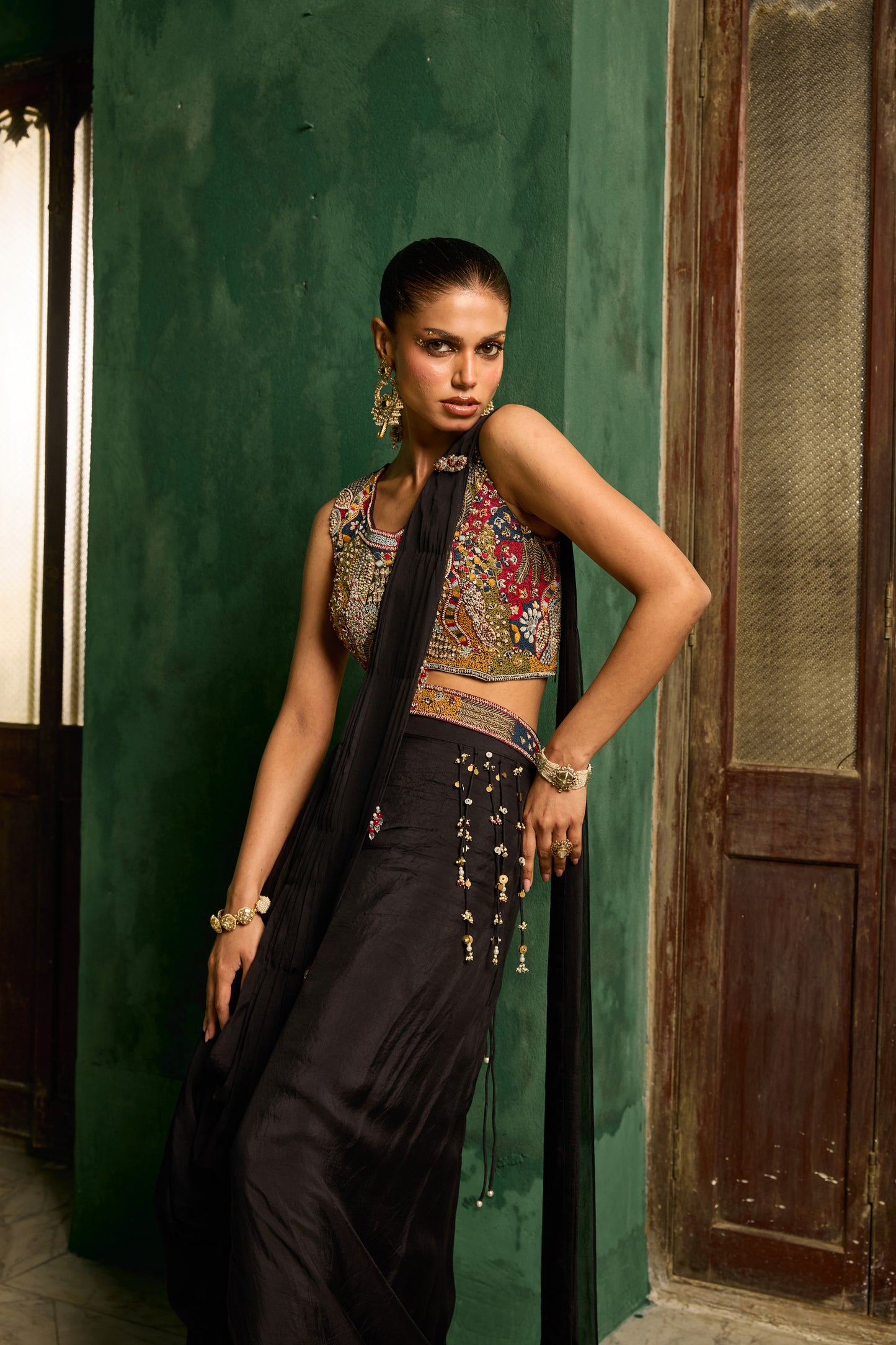 Black Silk & Satin Organza Hand Embroidered Draped Saree Set