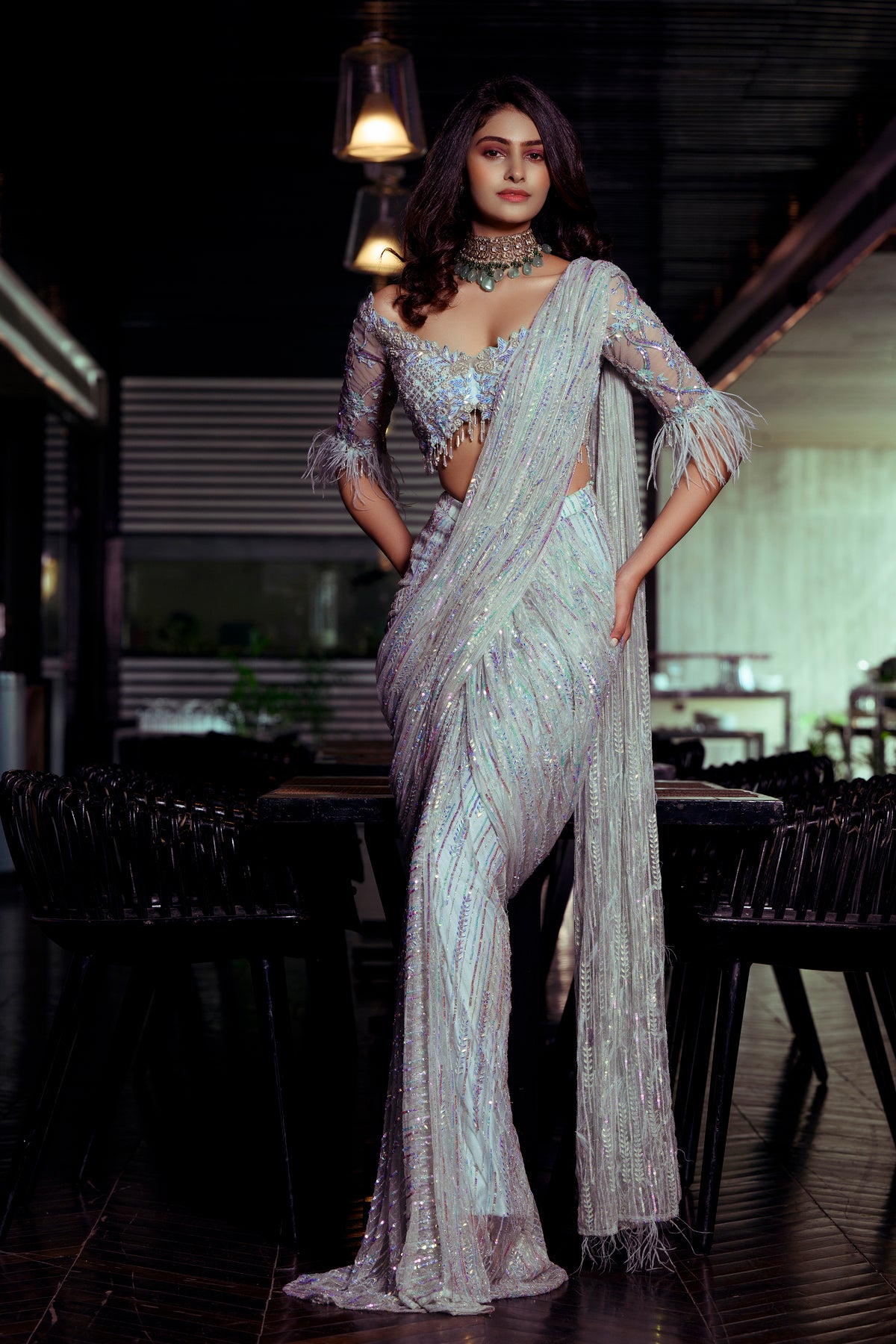 Embellished Pre draped saree