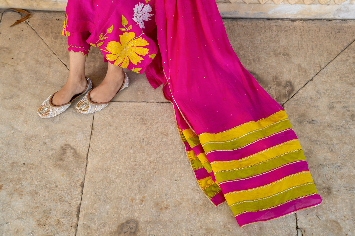 Light Pink Mul Chanderi set with Applique work