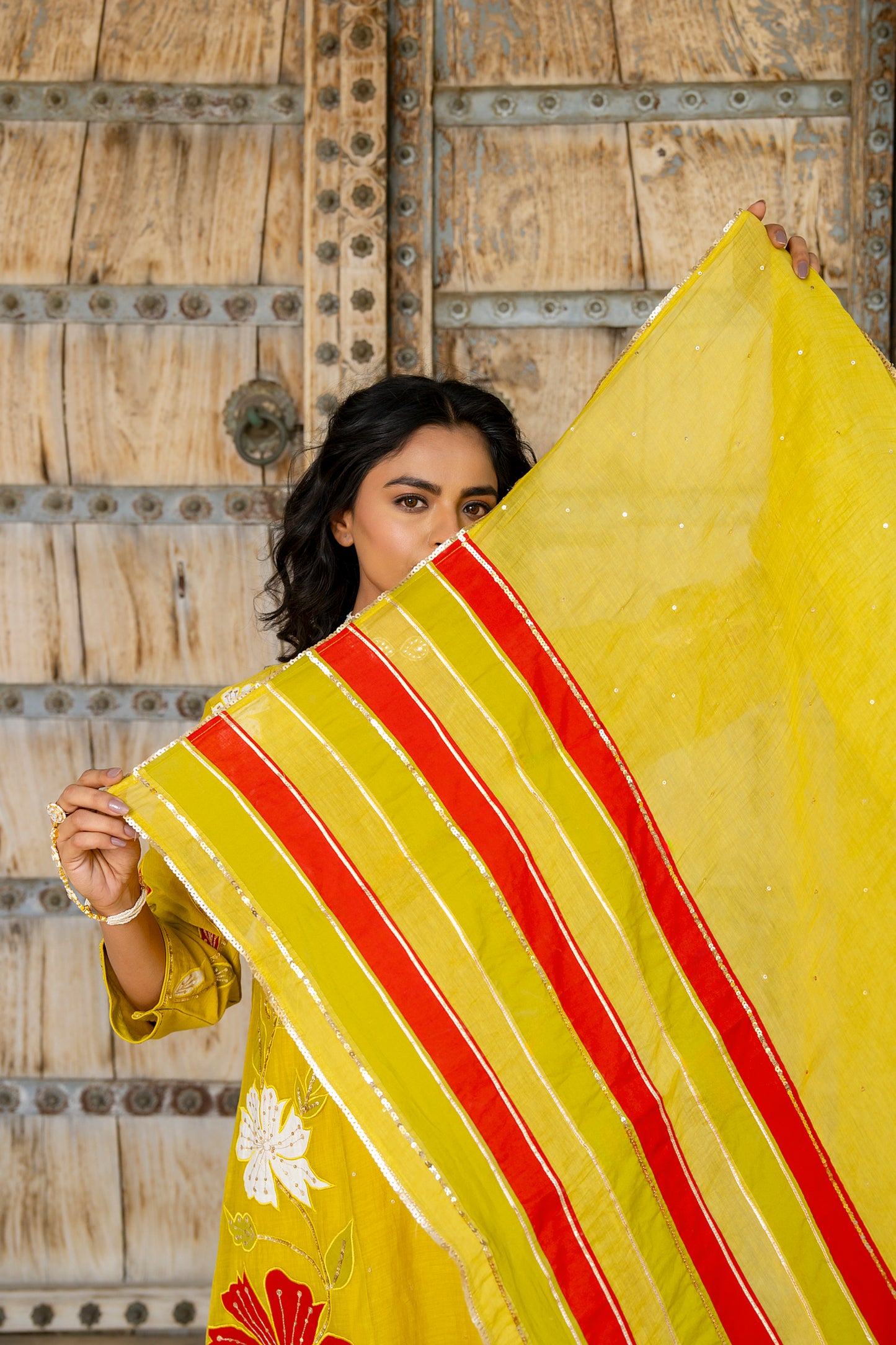 Yellow Mul Chanderi set with Applique work