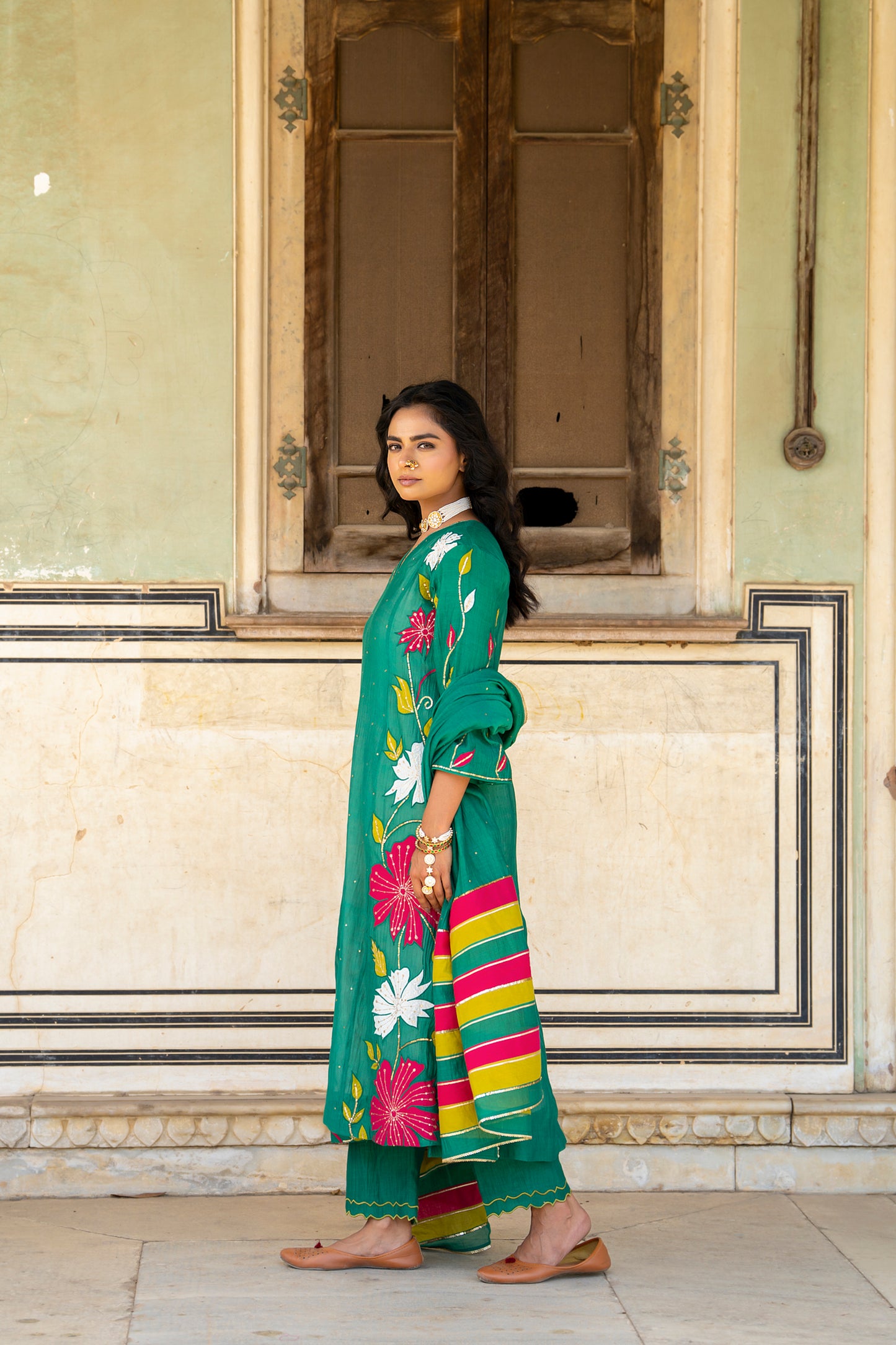 Green Mul Chanderi set with Applique work