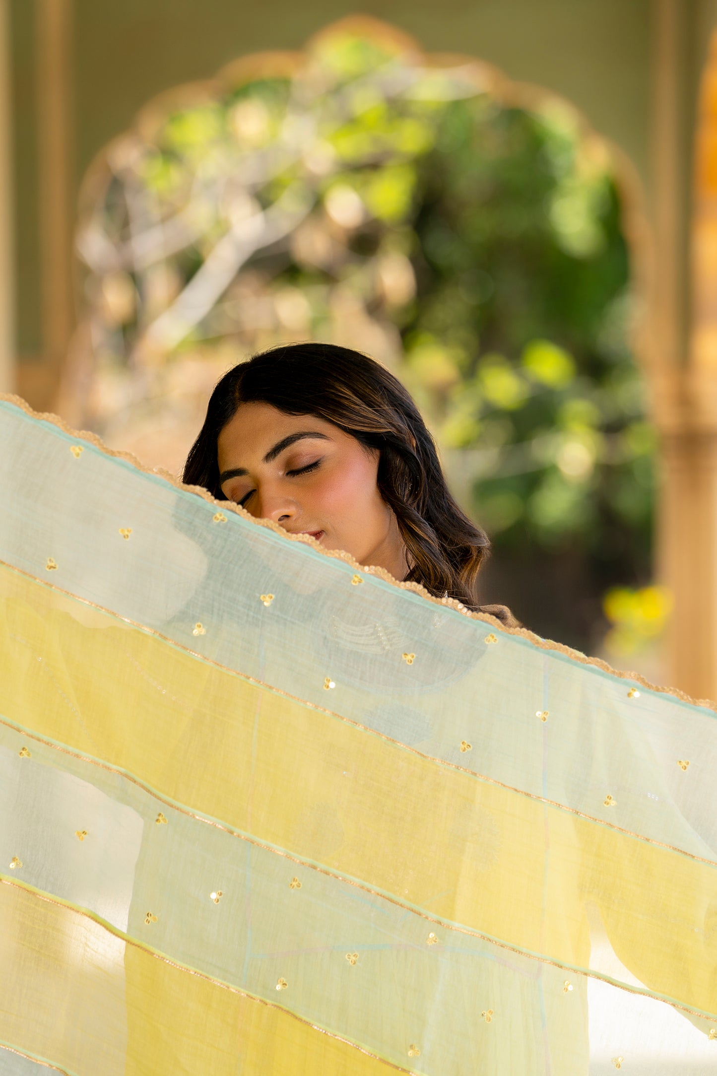 Yellow Mul Chanderi Kurta Set with Flower Motif Yoke