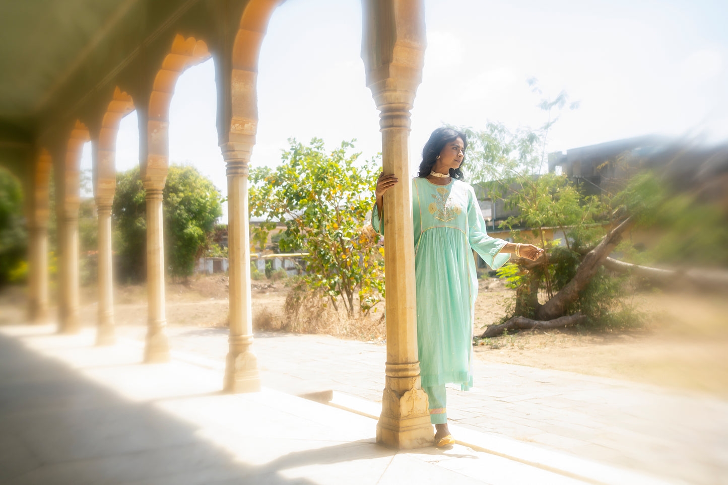 Light blue Mul Chanderi Kurta Set with Flower Motif Yoke