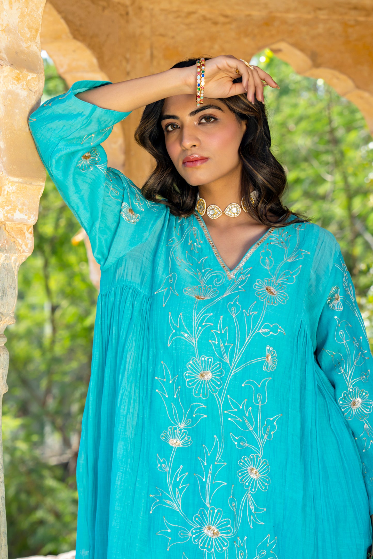 Turquoise Blue Pittan and Jaal work Mul Chanderi Kurta Set