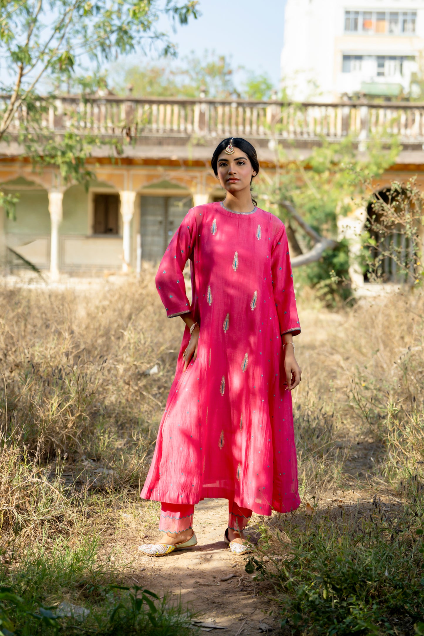 Fuschia Mul Chanderi Kurta Set with Pitta Motifs