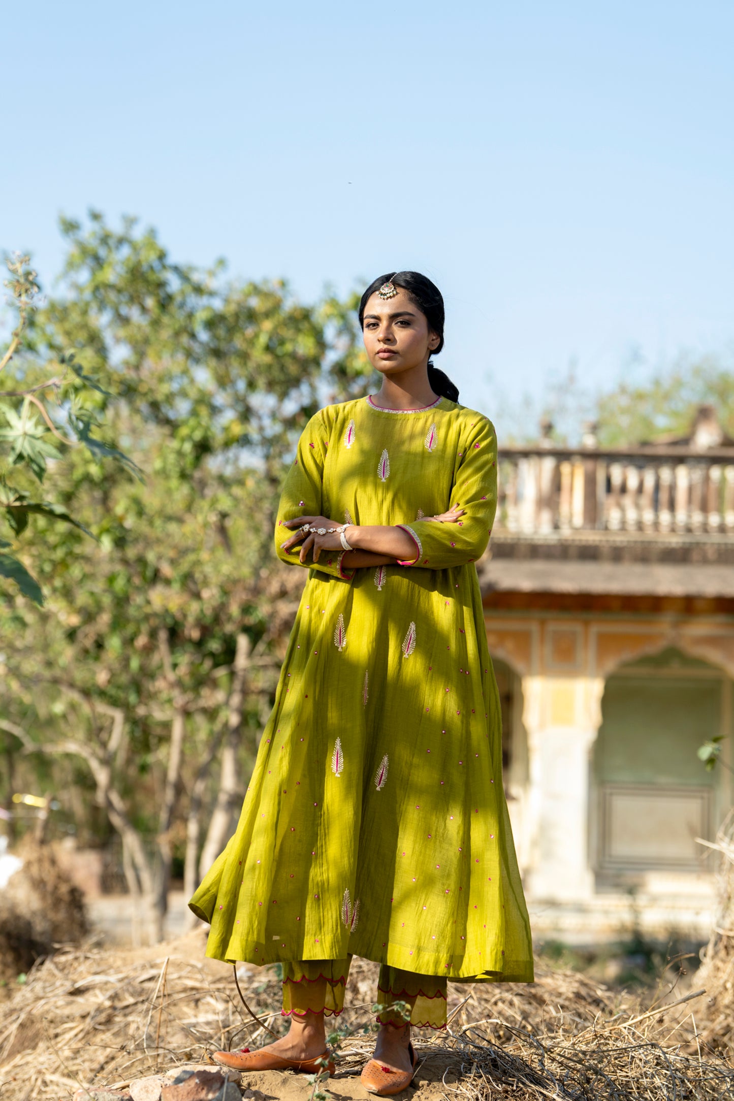 Green Mul Chanderi Kurta Set with Pitta Motifs