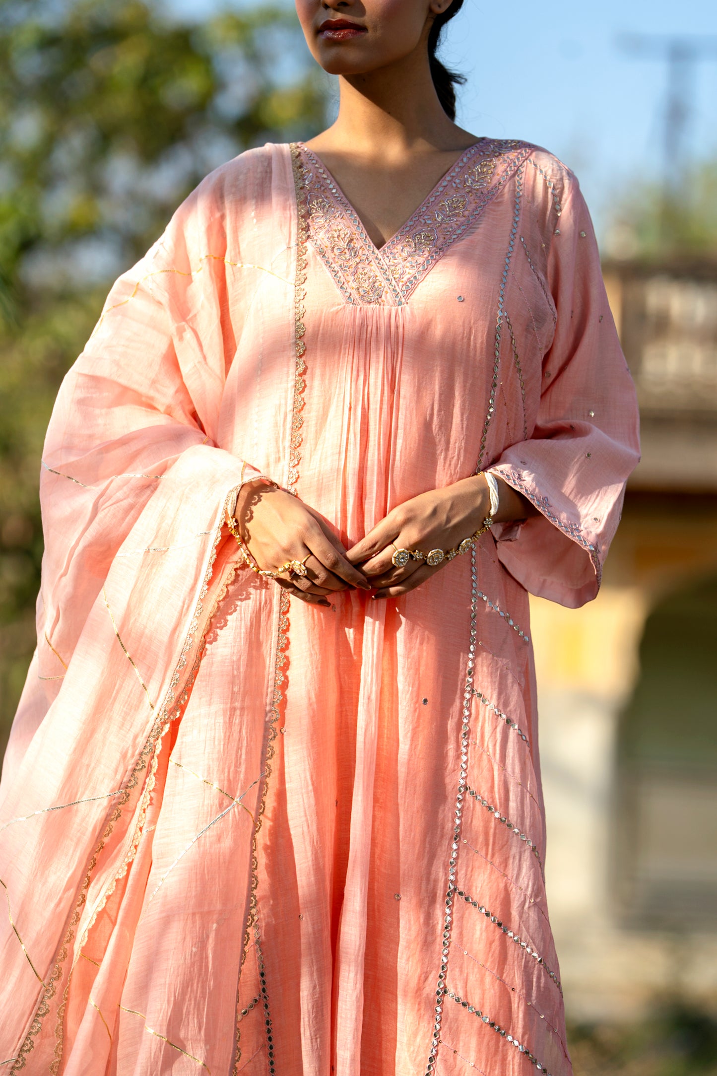 Pink Muk Chanderi V neck Gota Kurta Set