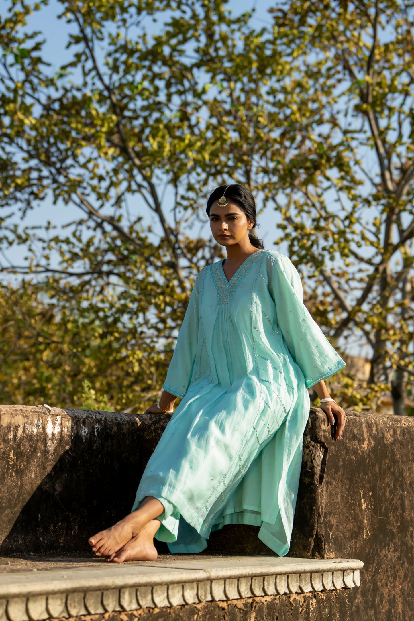 Blue Muk Chanderi V neck Gota Kurta Set