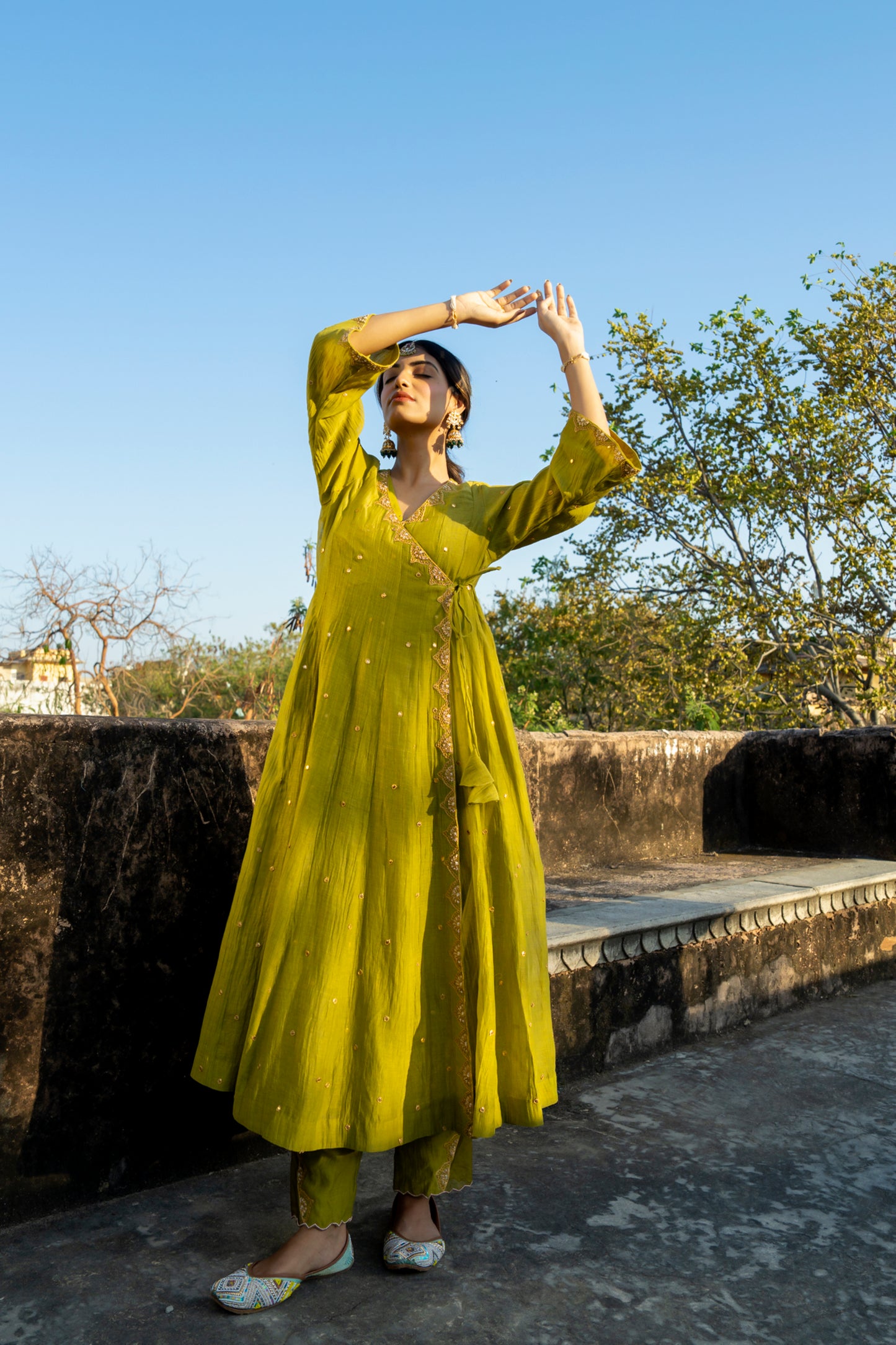 Green Chanderi Angrakha set with Dabka work