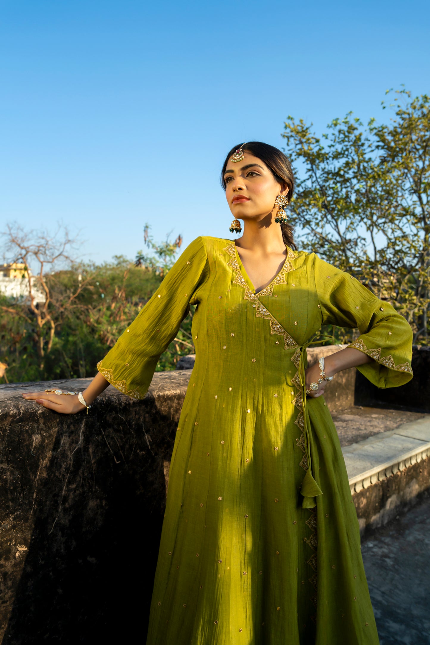 Green Chanderi Angrakha set with Dabka work