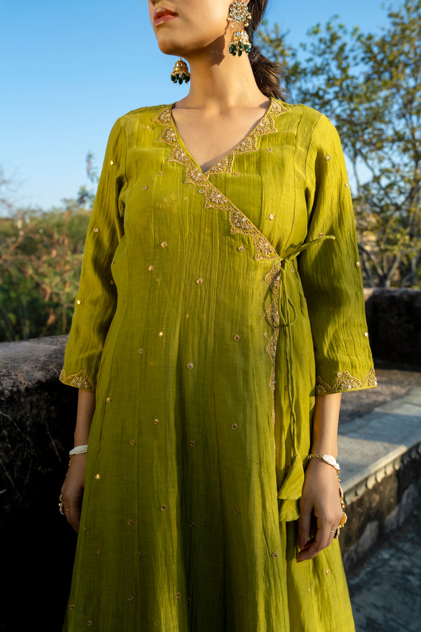 Green Chanderi Angrakha set with Dabka work
