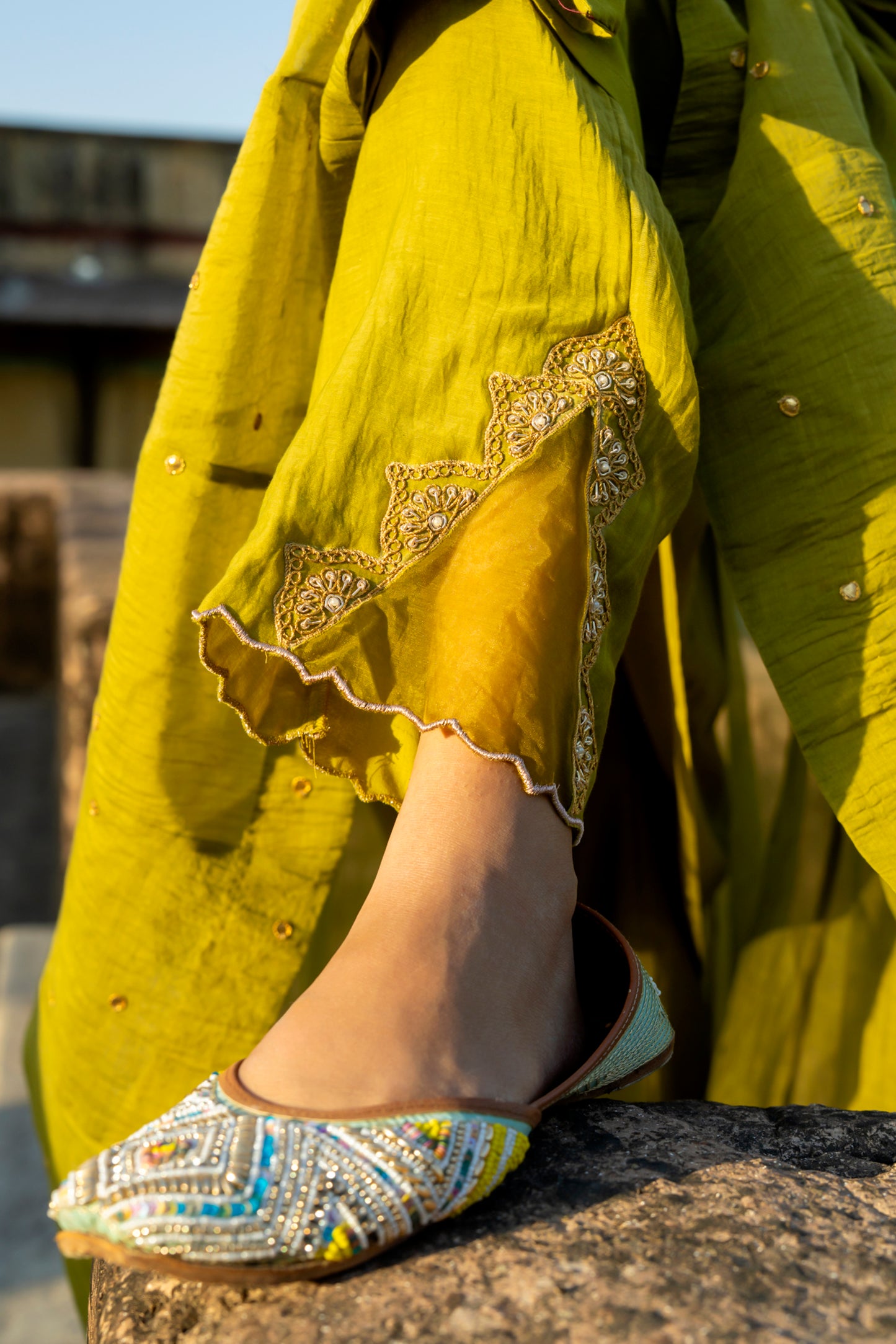 Green Chanderi Angrakha set with Dabka work