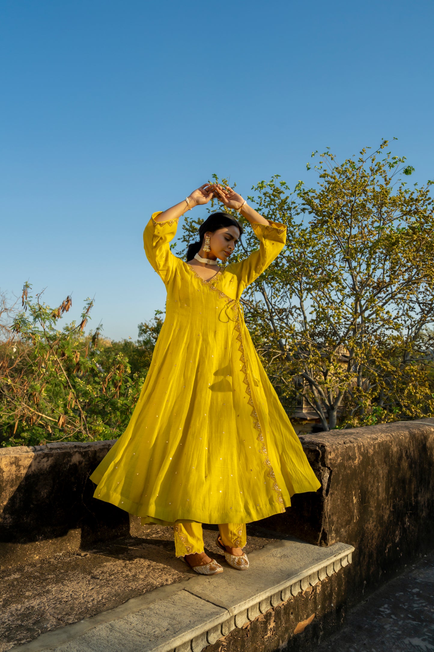 Green Chanderi Angrakha set with Dabka work