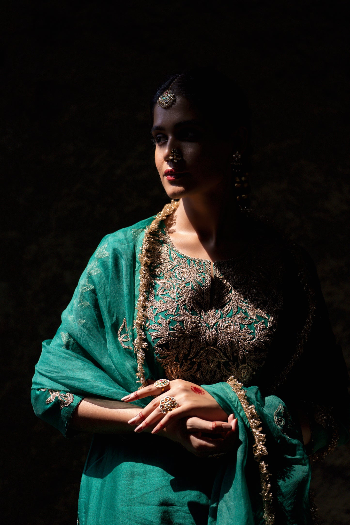 Green Silk Kurta Set with Heavy Dori and Dabka Work