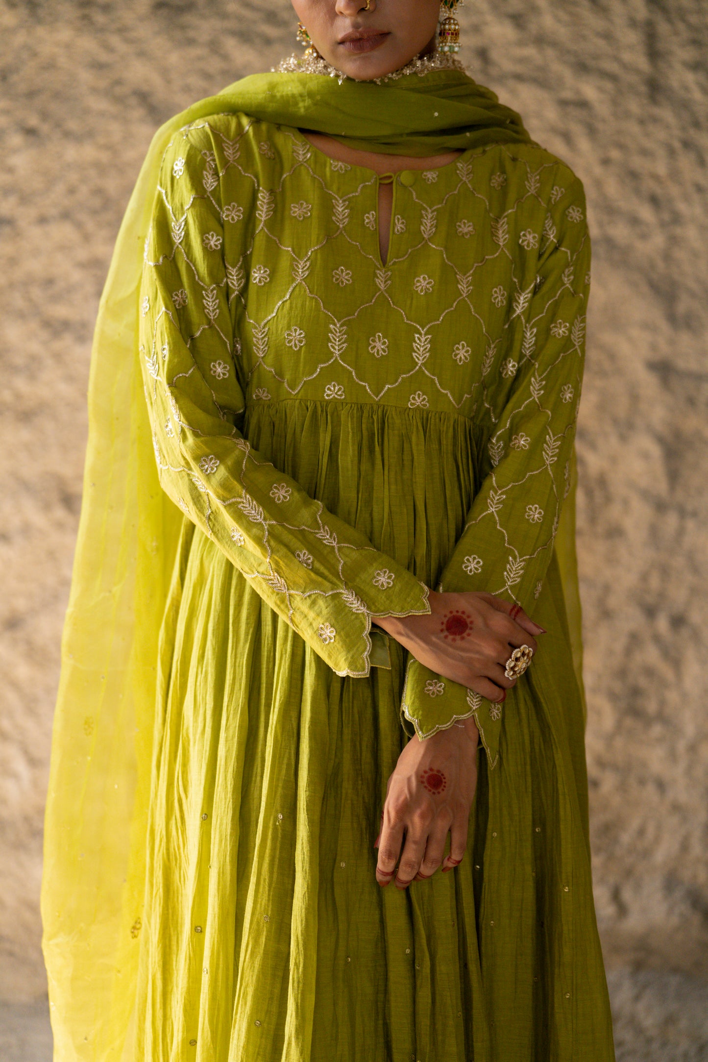 Mehendi Green High Yoke Mul Chanderi Kurta Set with gathers