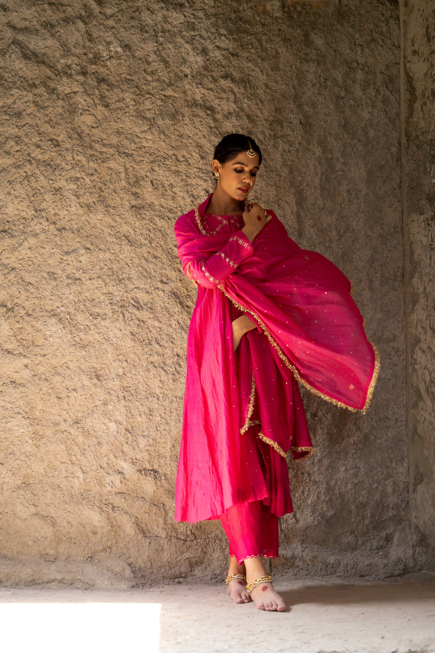 Pink High Yoke Mul Chanderi Kurta Set with gathers