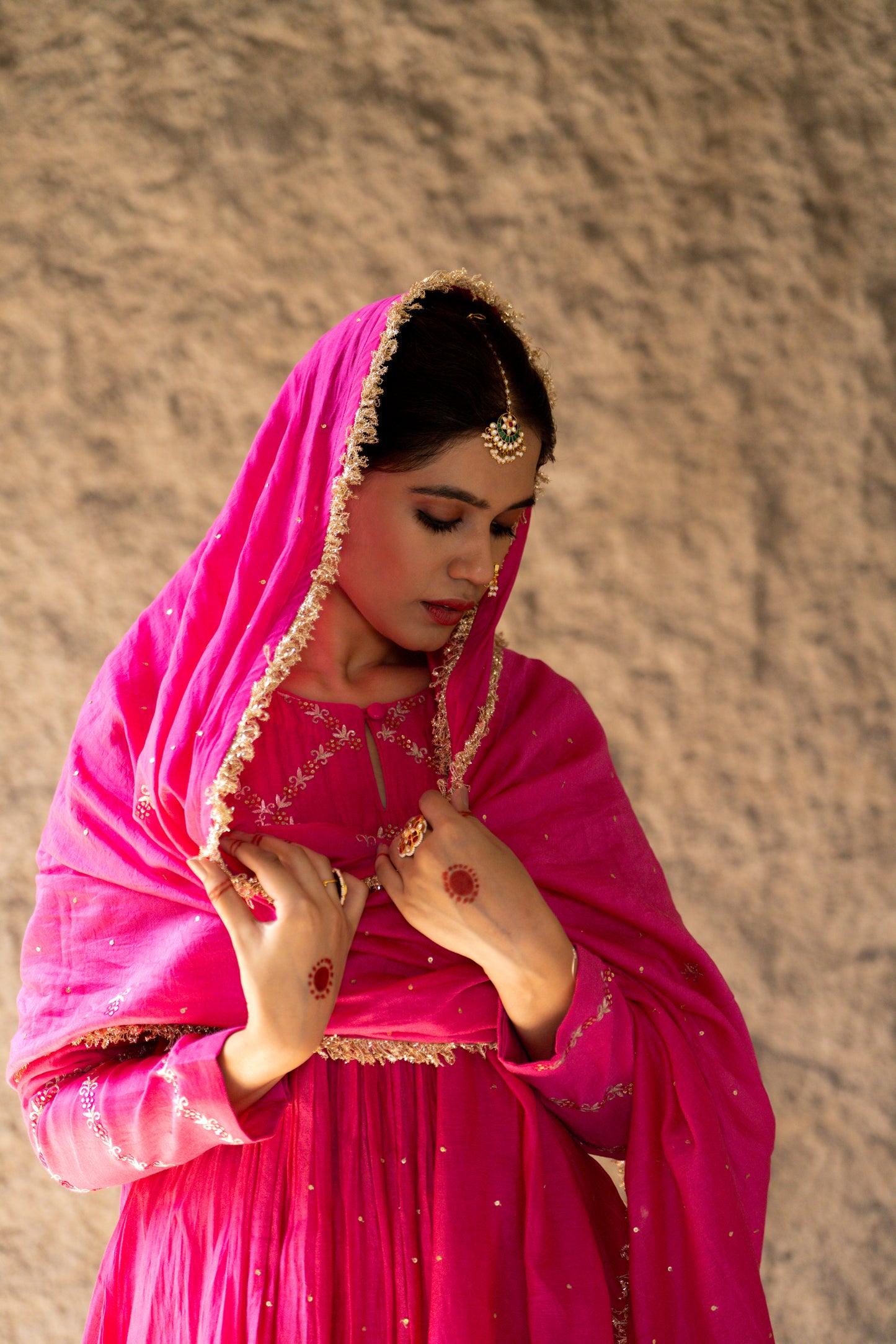 Pink High Yoke Mul Chanderi Kurta Set with gathers