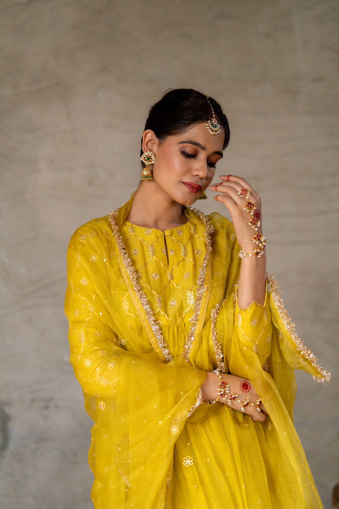 Yellow High Yoke Mul Chanderi Kurta Set with gathers