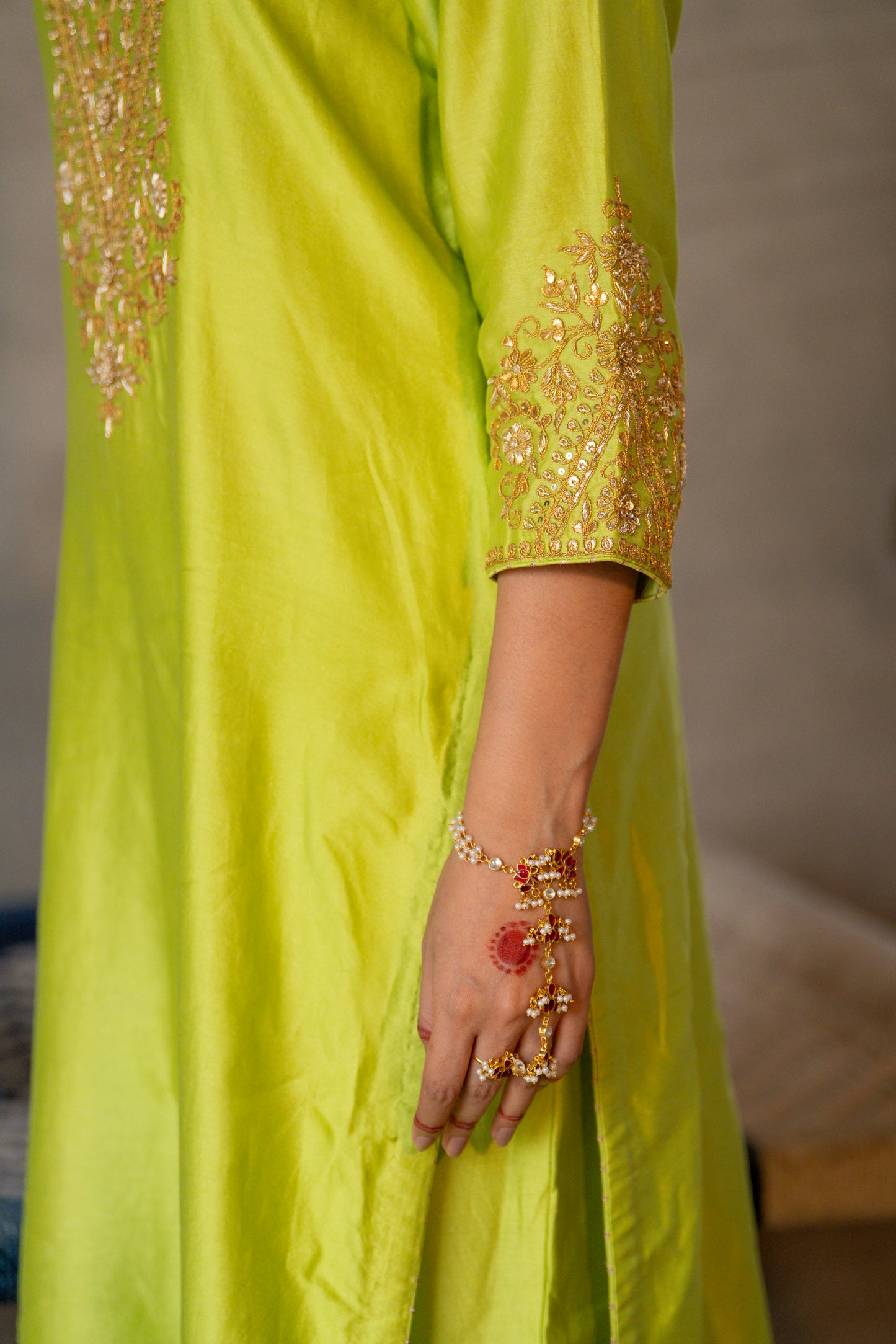 Green Chanderi Angrakha set with Dabka work