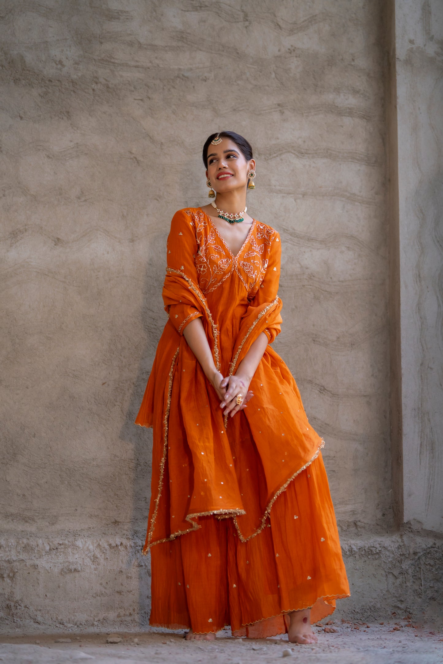 Orange Mul Chanderi Peplum Sharara with Dabka Pittan work