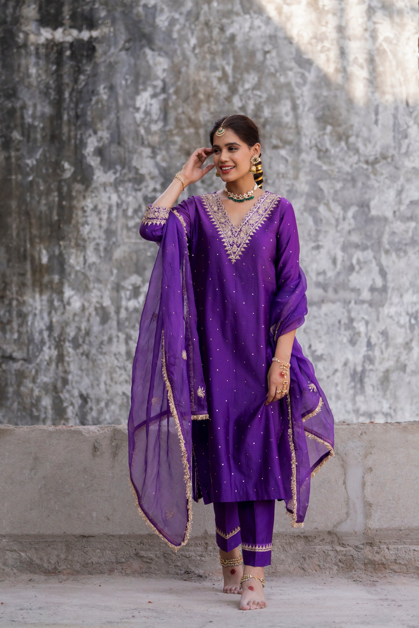 Purple Silk Kurta Set with Heavy Dori and Dabka Work