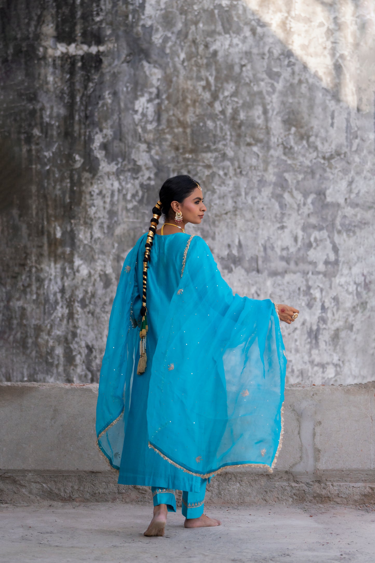 Turquoise Silk Kurta Set with Heavy Dori and Dabka Work