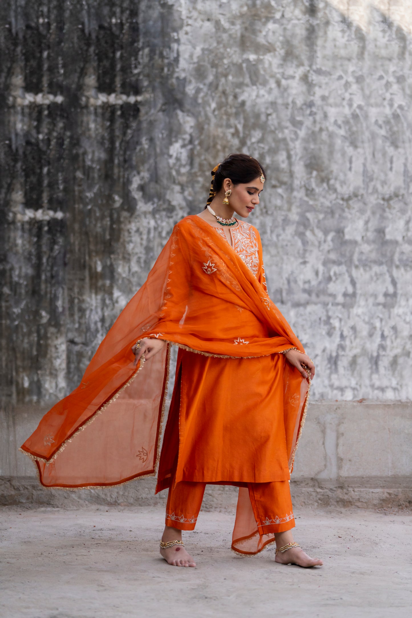 Orange Silk Kurta Set with Heavy Dori and Dabka Work