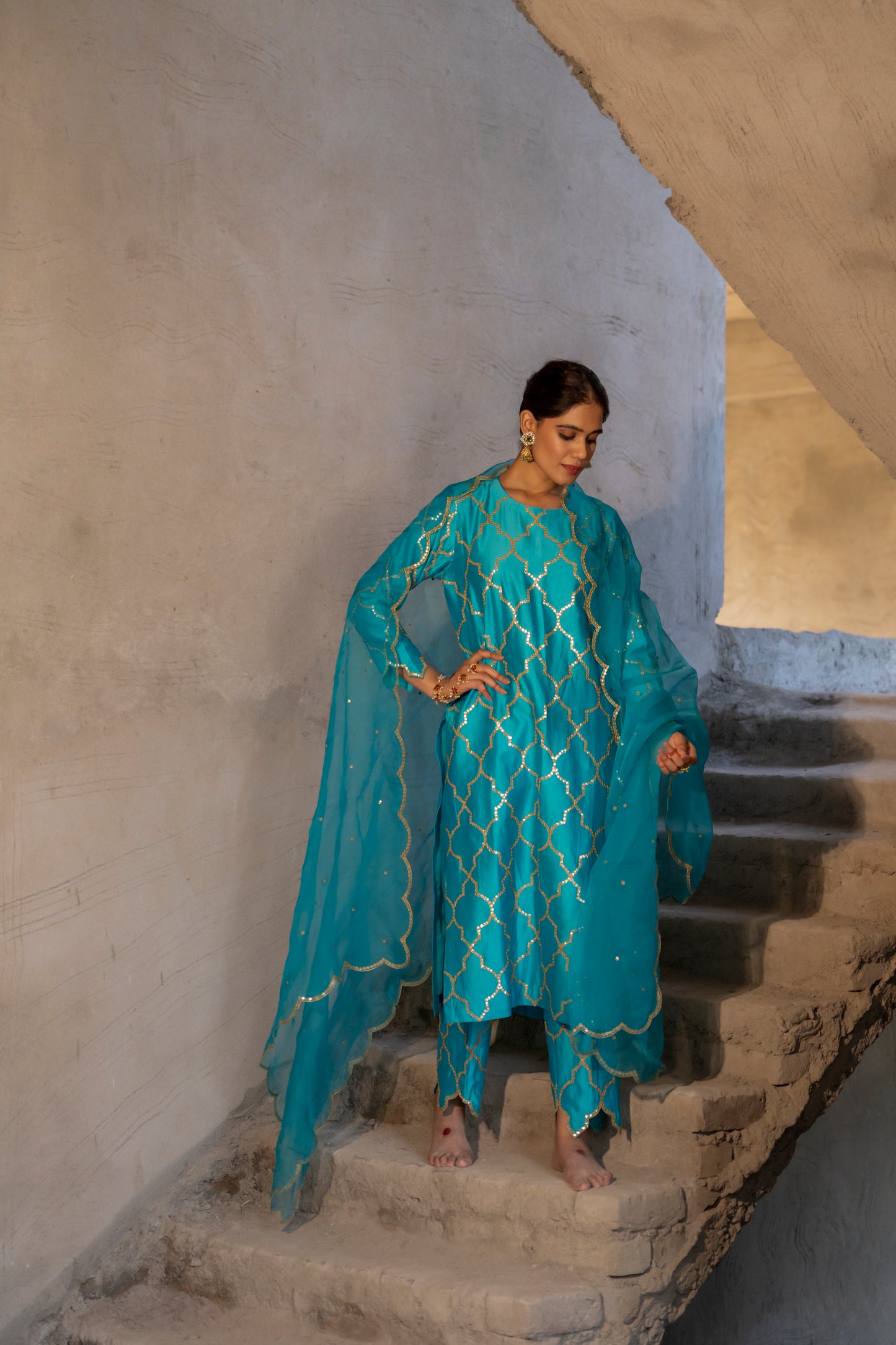 Turquoise Silk Kurta Set with Turkish Gota Jaal