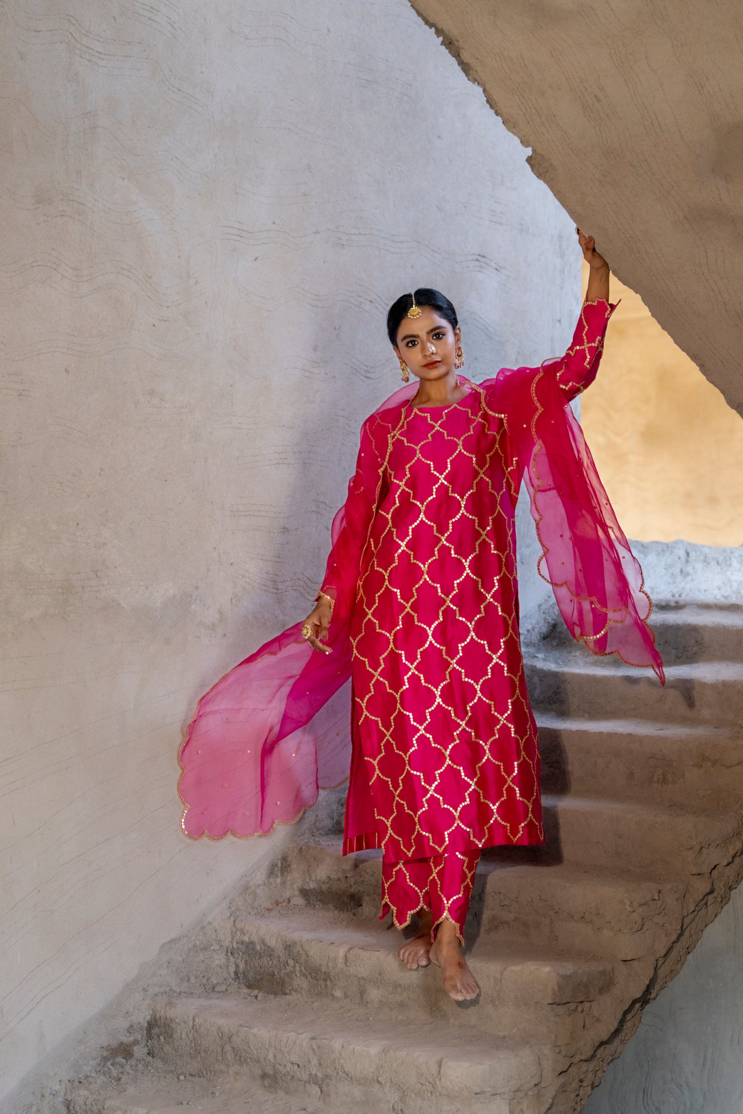 Fuschia Pink Silk Kurta Set with Turkish Gota Jaal