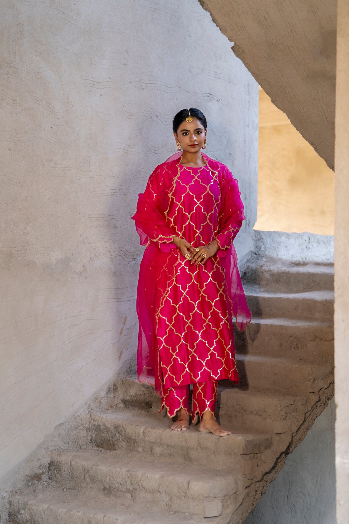 Fuschia Pink Silk Kurta Set with Turkish Gota Jaal