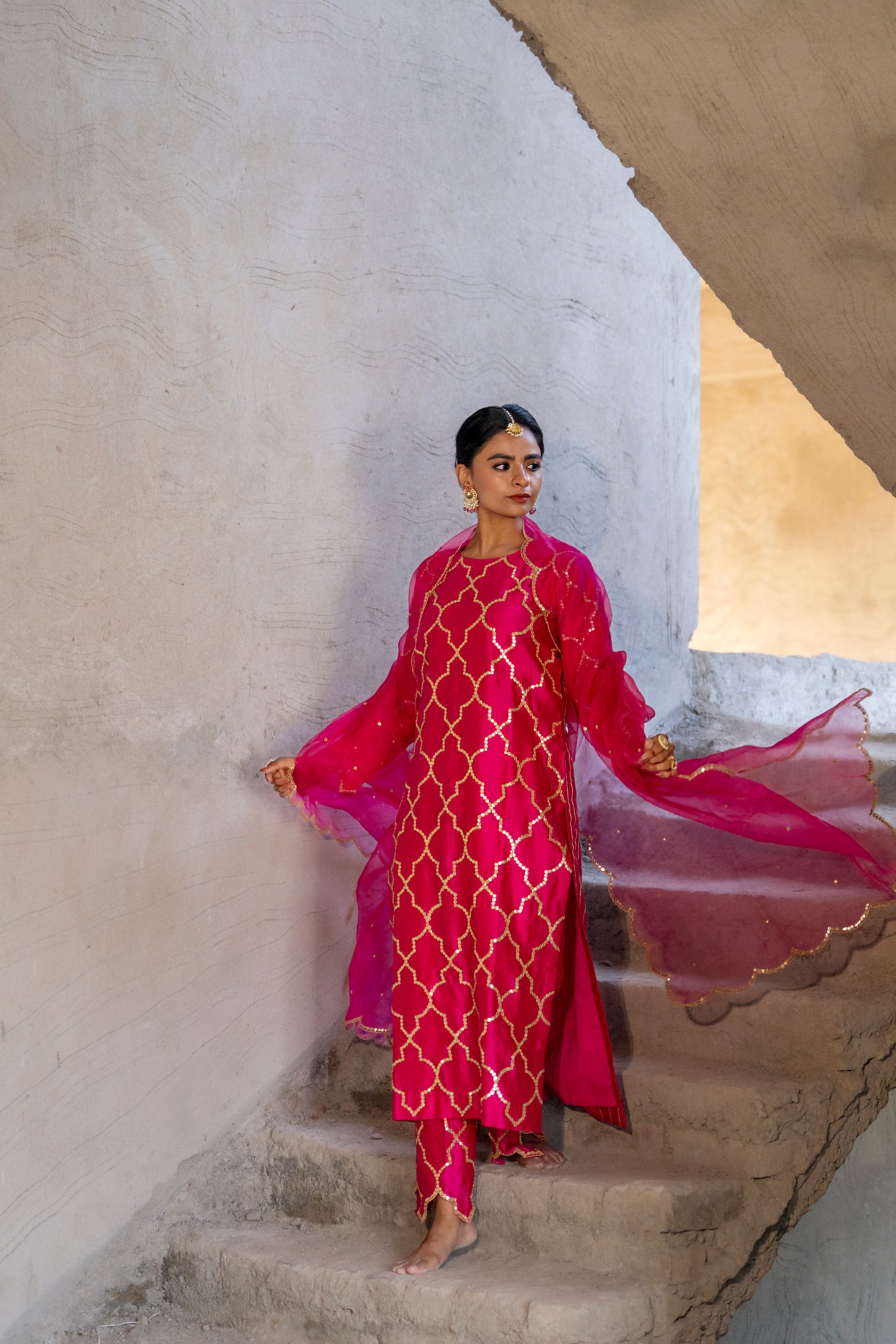 Fuschia Pink Silk Kurta Set with Turkish Gota Jaal