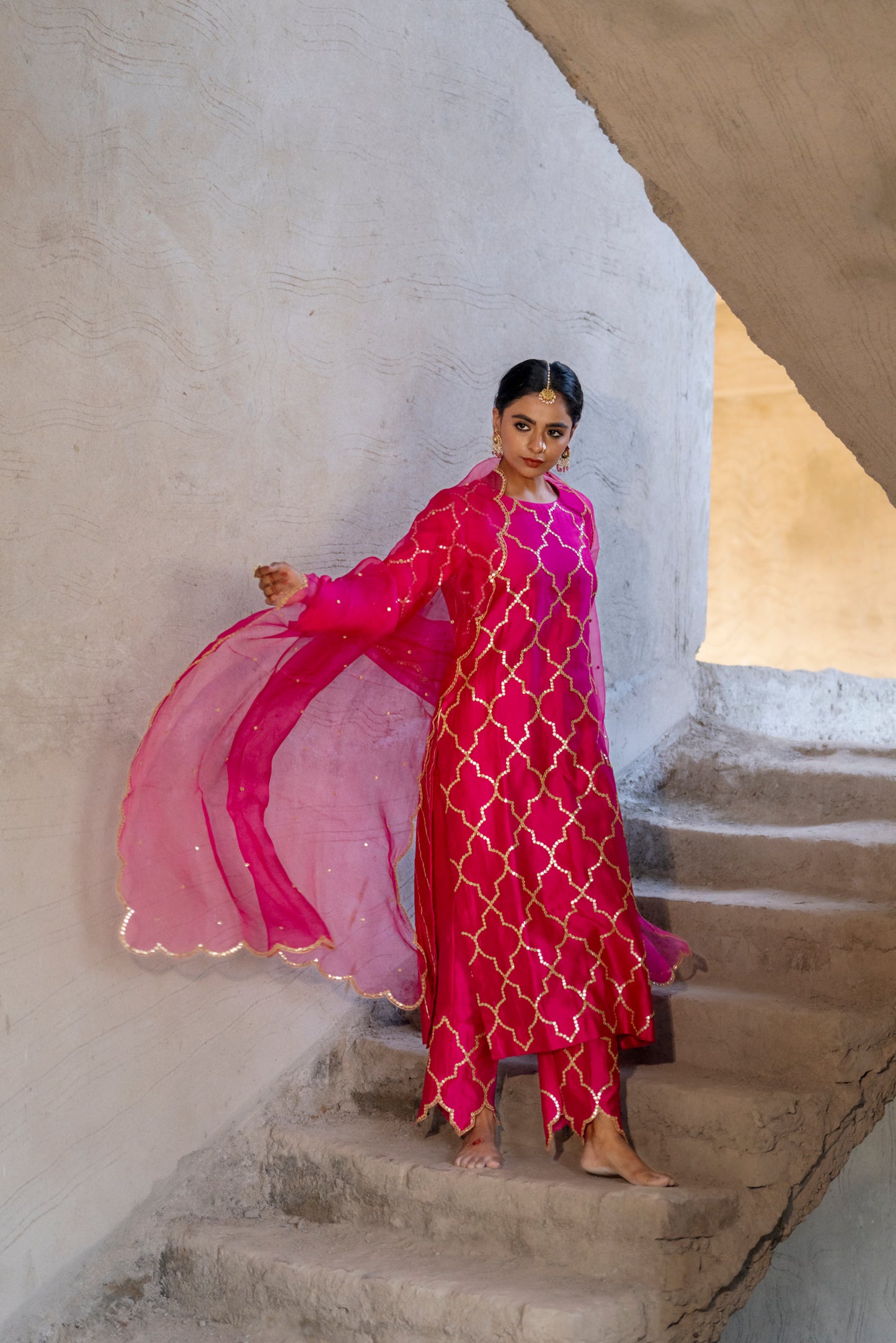 Fuschia Pink Silk Kurta Set with Turkish Gota Jaal
