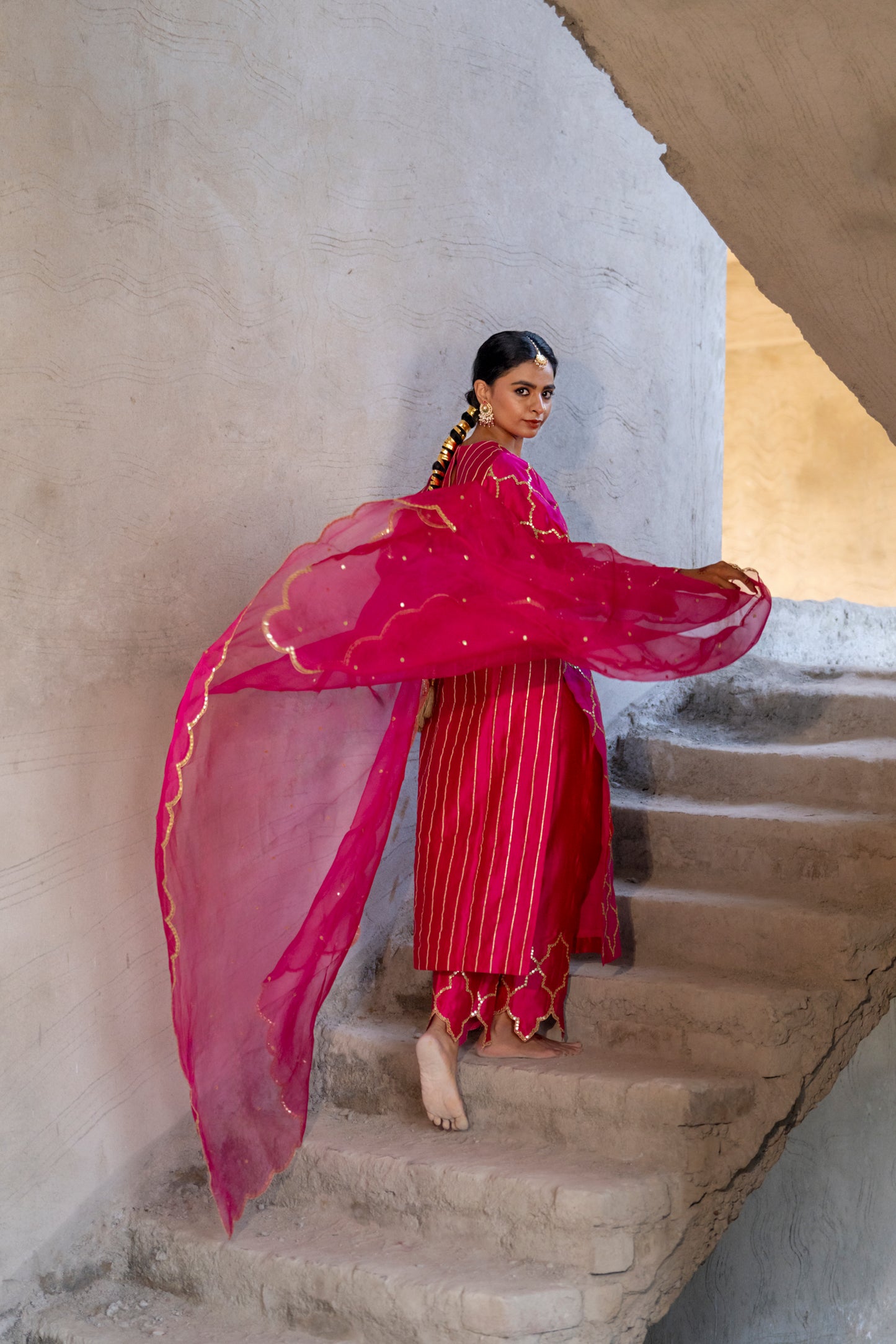 Fuschia Pink Silk Kurta Set with Turkish Gota Jaal