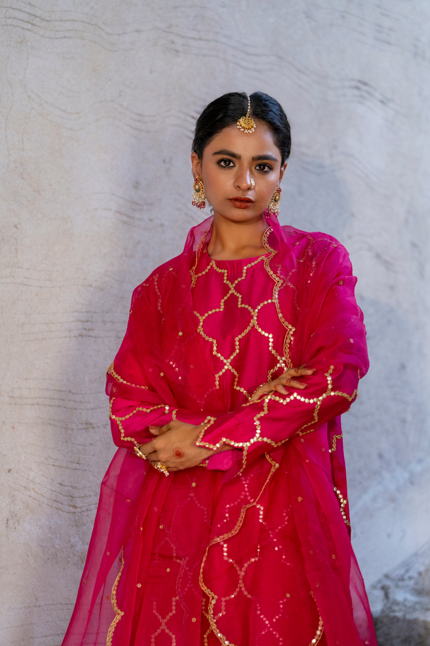 Fuschia Pink Silk Kurta Set with Turkish Gota Jaal