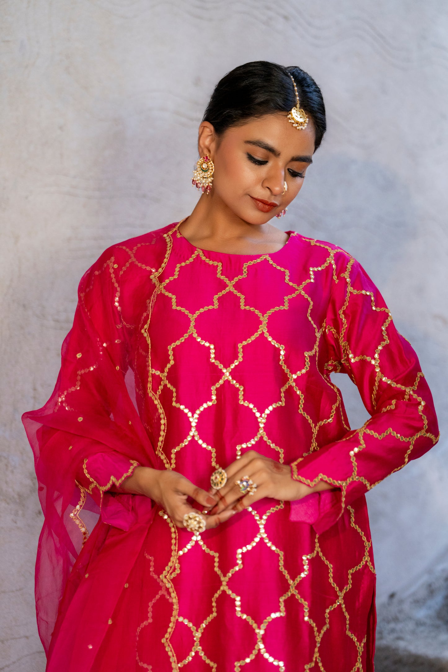 Fuschia Pink Silk Kurta Set with Turkish Gota Jaal