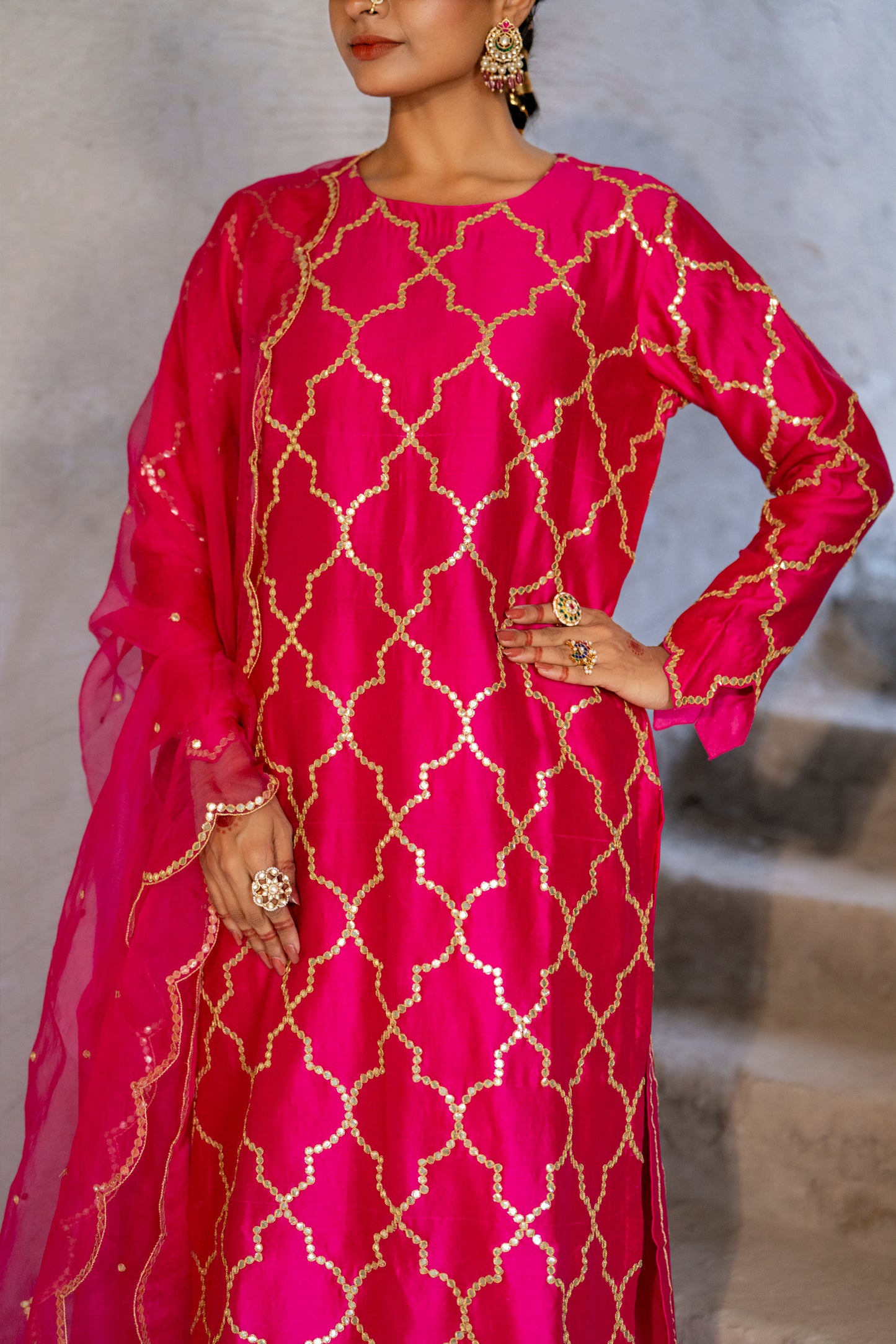 Fuschia Pink Silk Kurta Set with Turkish Gota Jaal