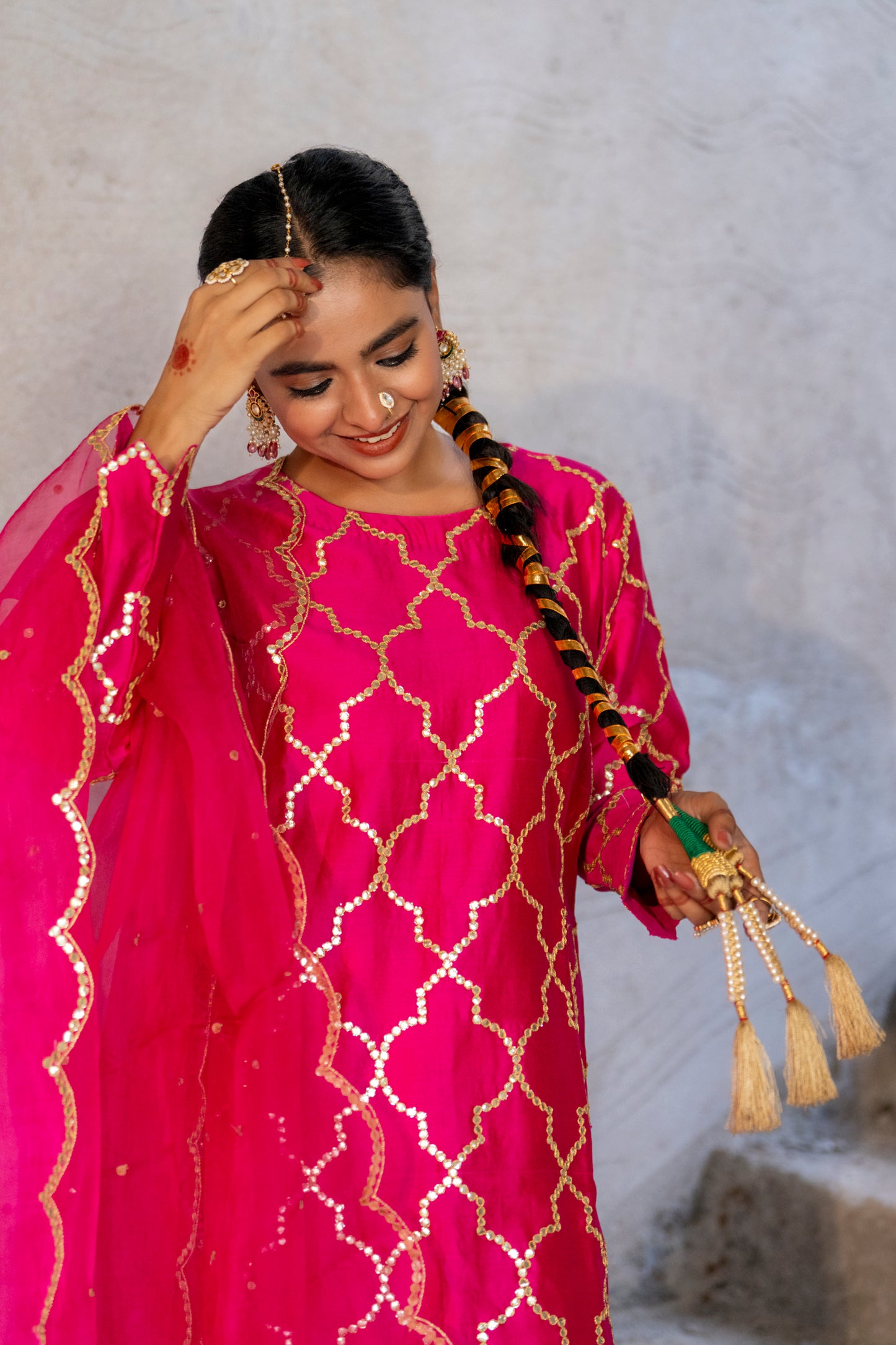 Fuschia Pink Silk Kurta Set with Turkish Gota Jaal